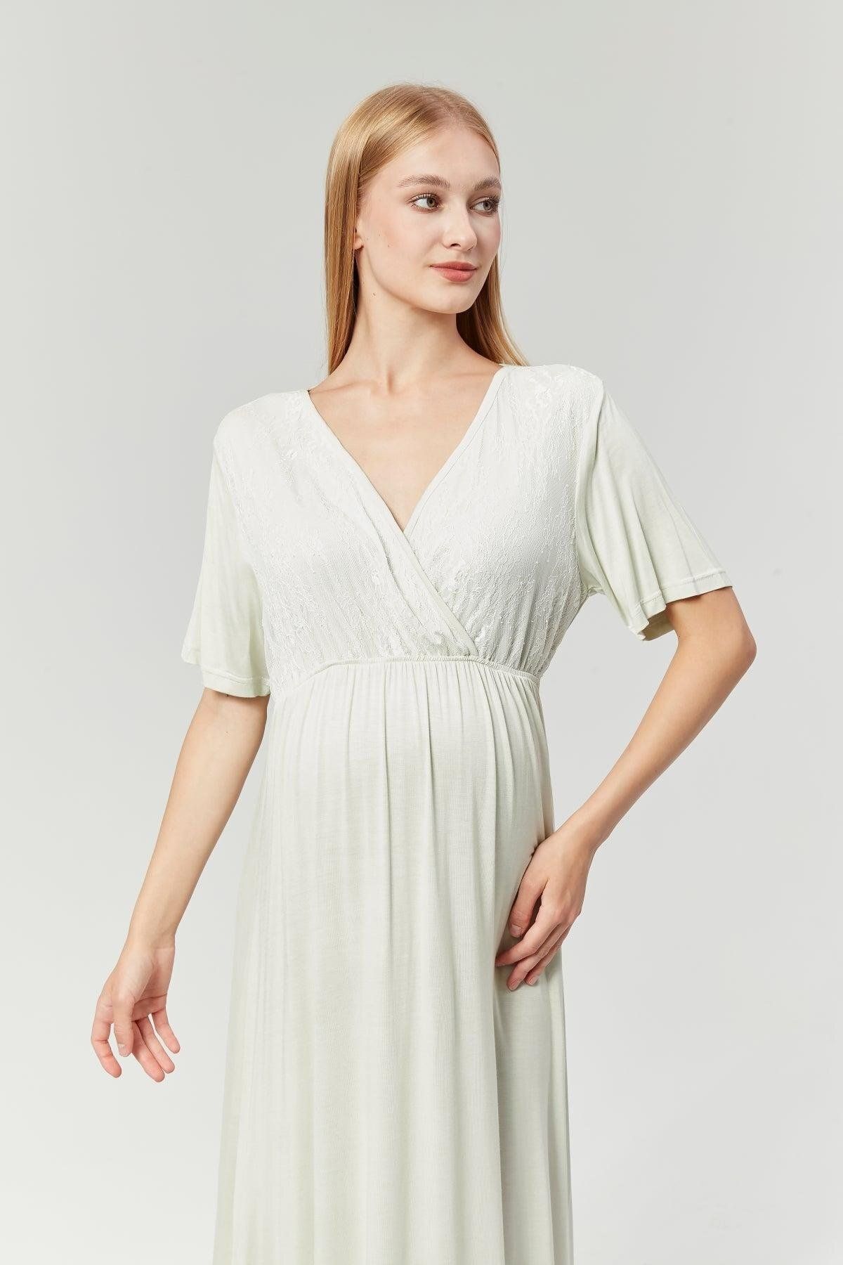 don point-Double Breasted Maternity Nightgown Set with Hidden Nursing Feature Water Green Dressing Gown - 525 4