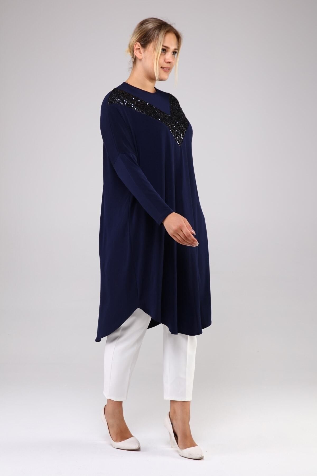 Ferace-Long Sleeve Large Size Women's Sequin Hijab Tunik Navy Blue 5