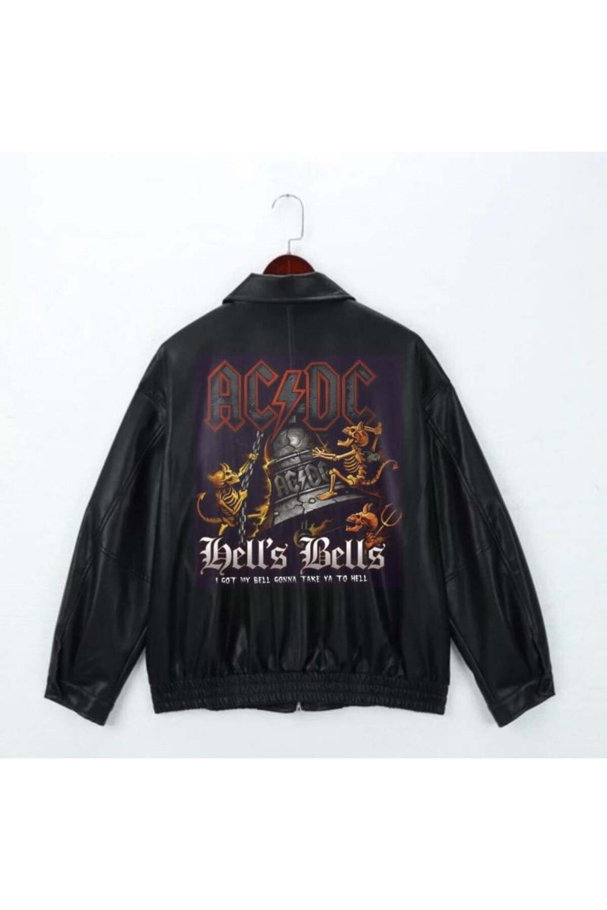 Toum Jachetă De Piele Supradimensionată Neagră Din Seria Rock - Imprimată Ac/dc, Îmbrăcăminte Stradală Unisex Unisex - XL
