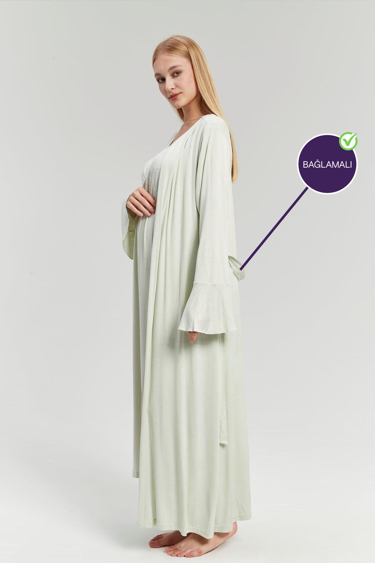 don point-Double Breasted Maternity Nightgown Set with Hidden Nursing Feature Water Green Dressing Gown - 525 2