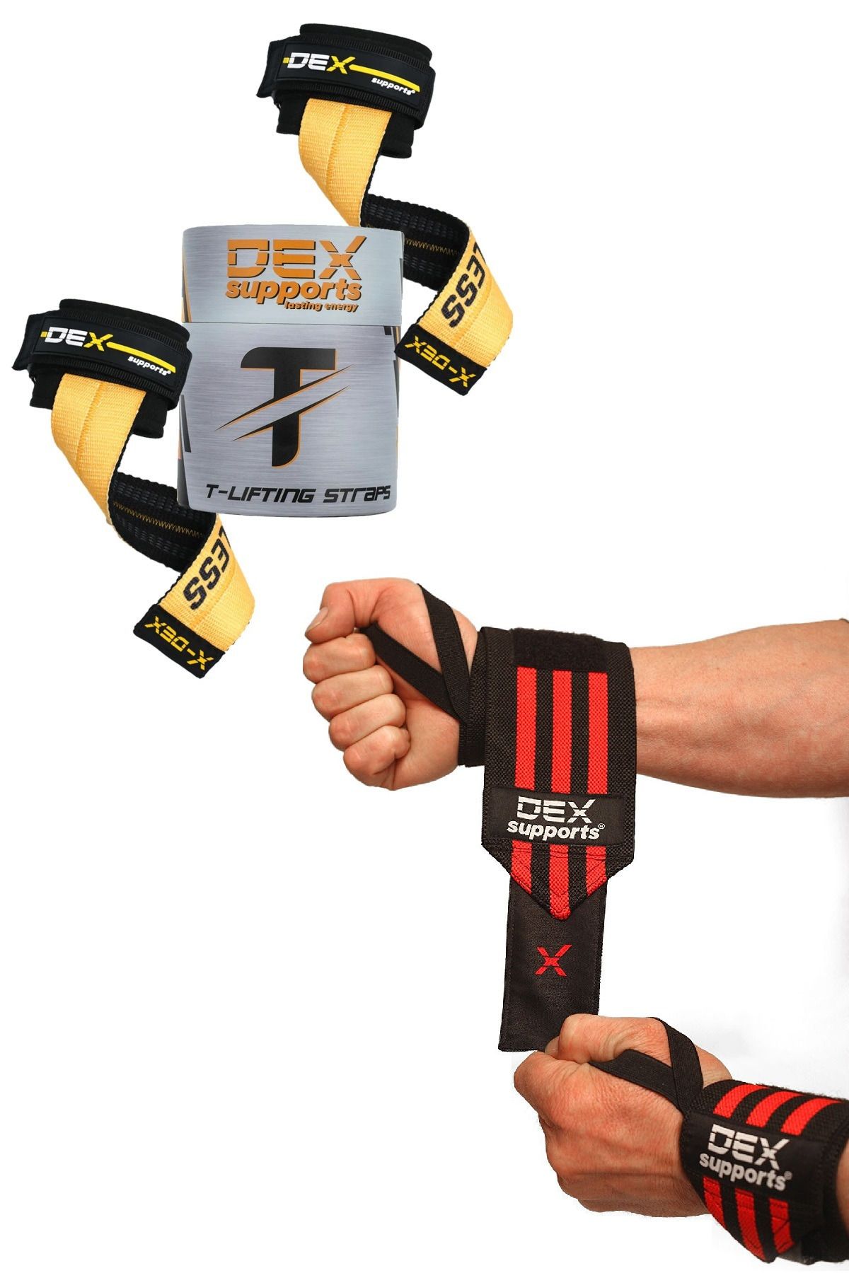 Dex Supports Fitness Sporcu Bilekliği Wrist Wraps + Ağırlık Kaldırma Kayışı T-Grips Lifting Straps 2'li Paket