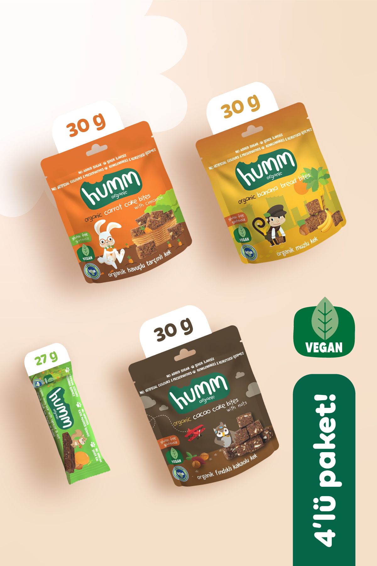 Organik Vegan Yulaf Bar & Glutensiz Kek Atıştırmalık Paketi - 4 adet (4 çeşit)