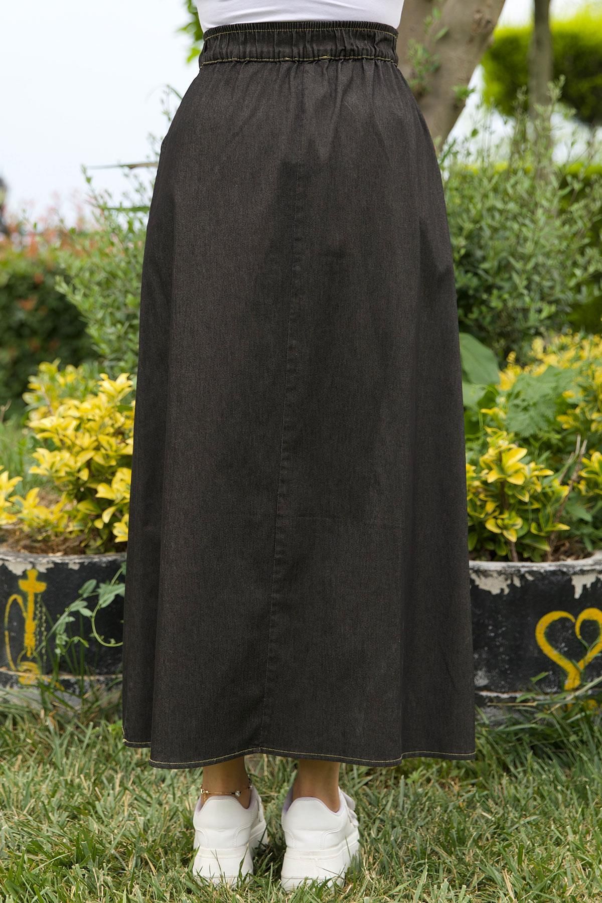 hafsamina-Buttoned Denim Skirt with Elastic Waist Pockets Anthracite 4