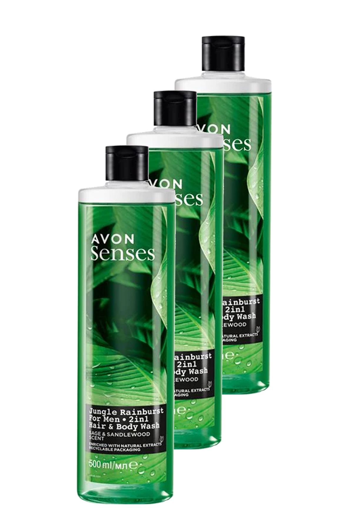 AVON Senses Adaçayı ve Sandal Ağacı Kokulu Erkek Saç ve Vücut Şampuanı 500 Ml. Üçlü Set