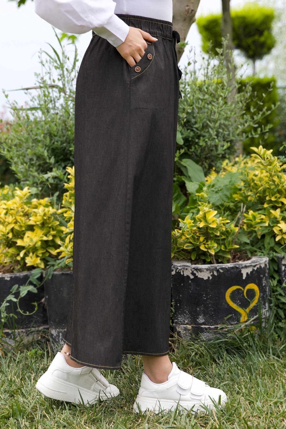 hafsamina-Buttoned Denim Skirt with Elastic Waist Pockets Anthracite 5