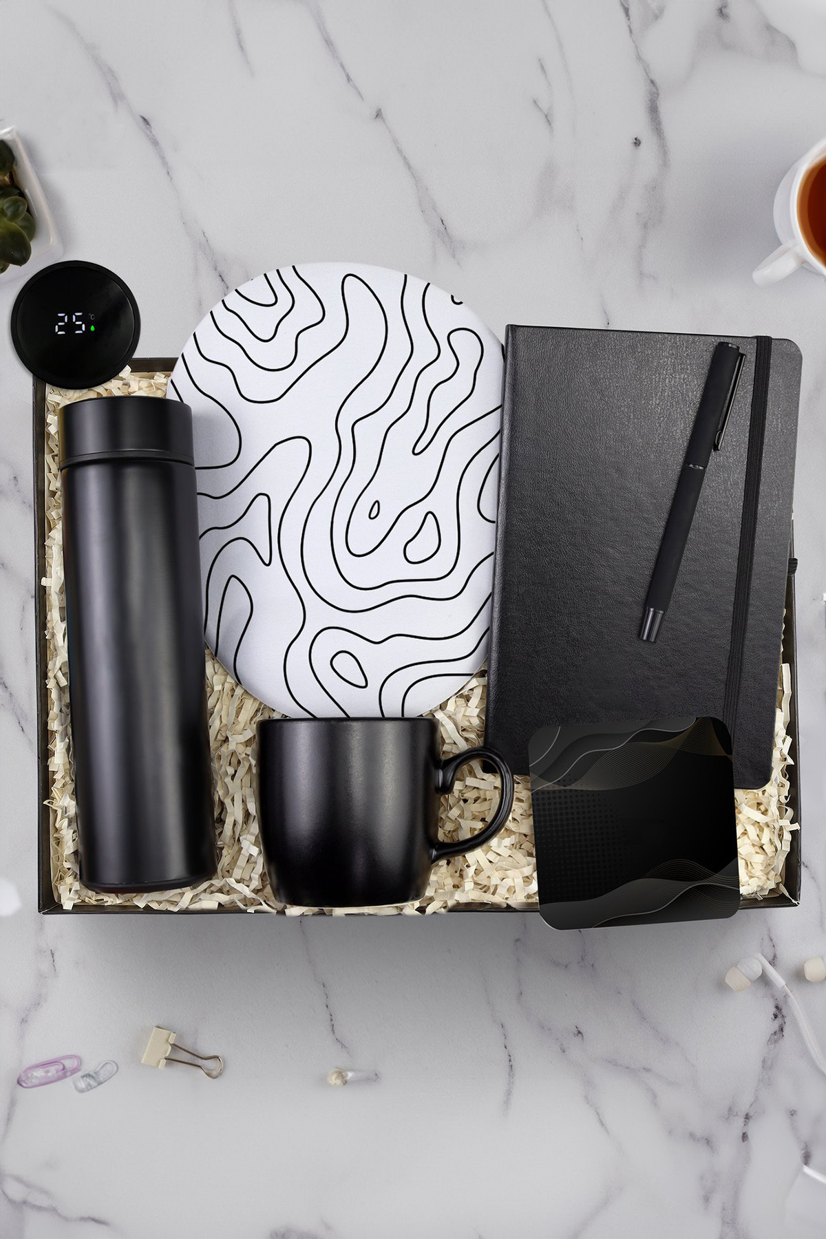 Trendmiya Siyah Defter & Siyah Kalem & Siyah Kupa & Mousepad & Bardak Altlığı & Dereceli Termos Hediye Seti