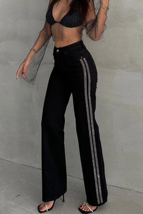 SB MİŞA Yüksek Bel Likralı  Yan Kısımları Taş İşlemeli Salash Jeans Pantolon