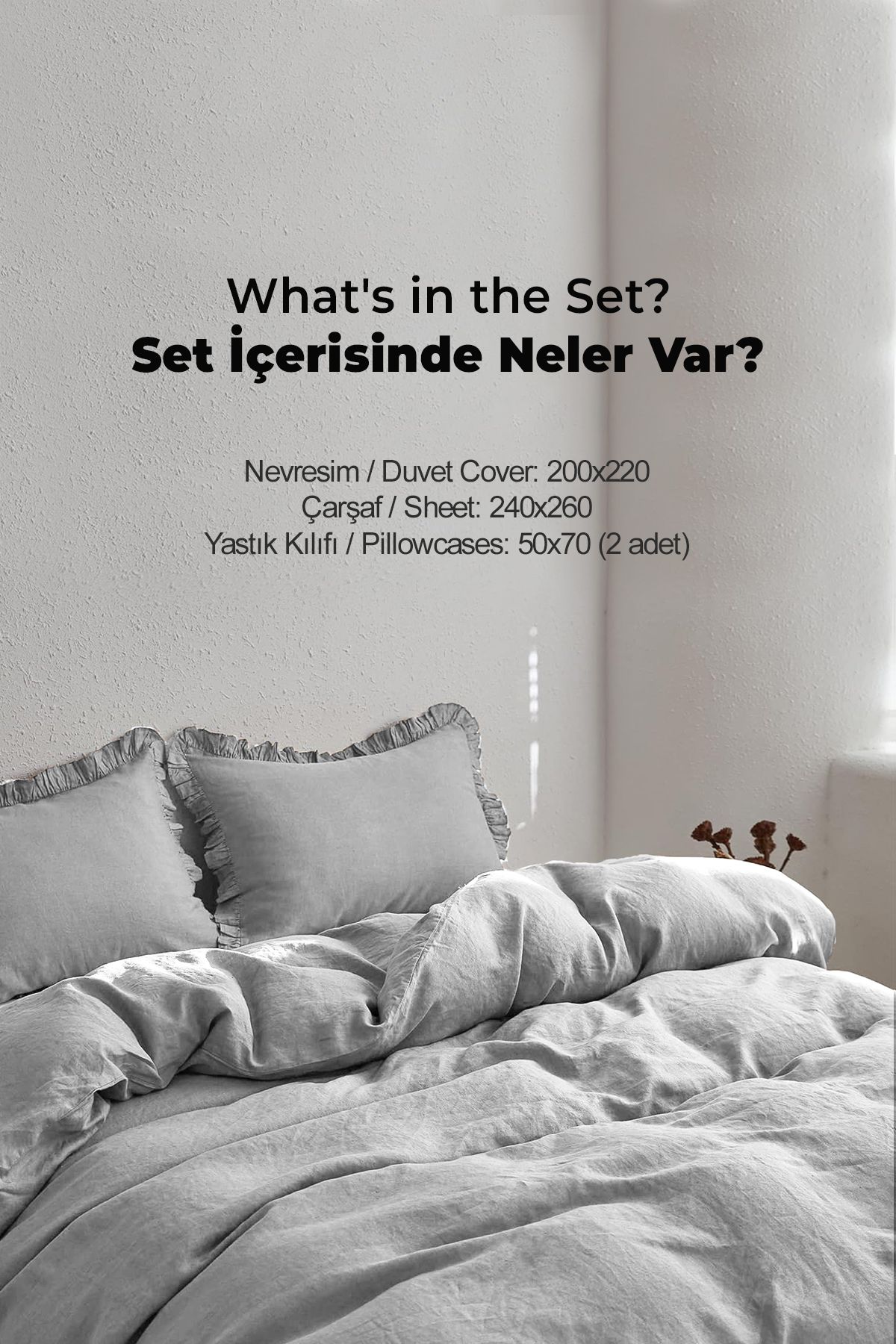 Evlen Home Collection-طقم غطاء لحاف ناعم مكشكش من القطن باللون الرمادي المزدوج - 4 قطع باريلا 4
