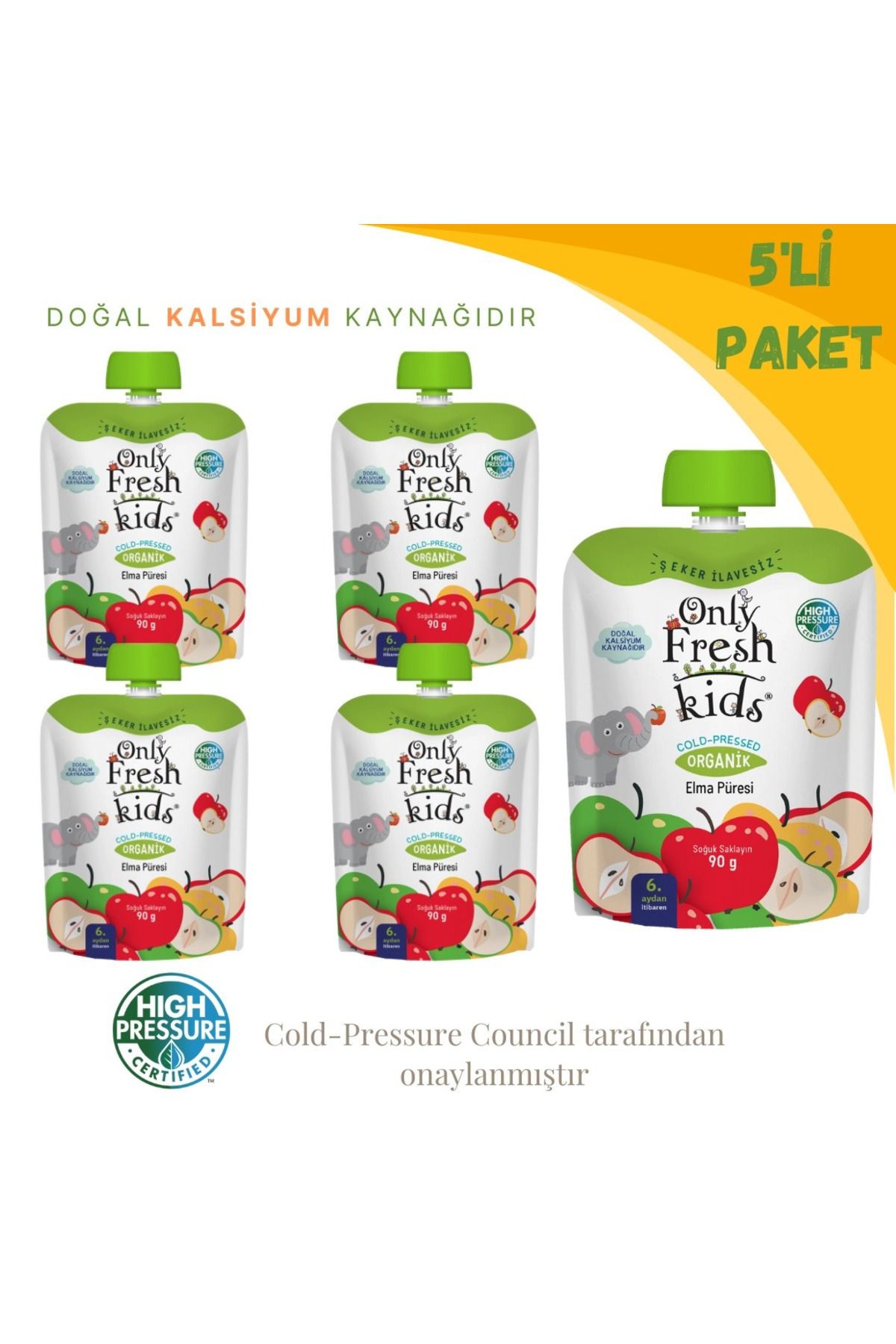 ONLY FRESH Organik Elma Taze Soğuk Sıkım 5'li Meyve Püresi