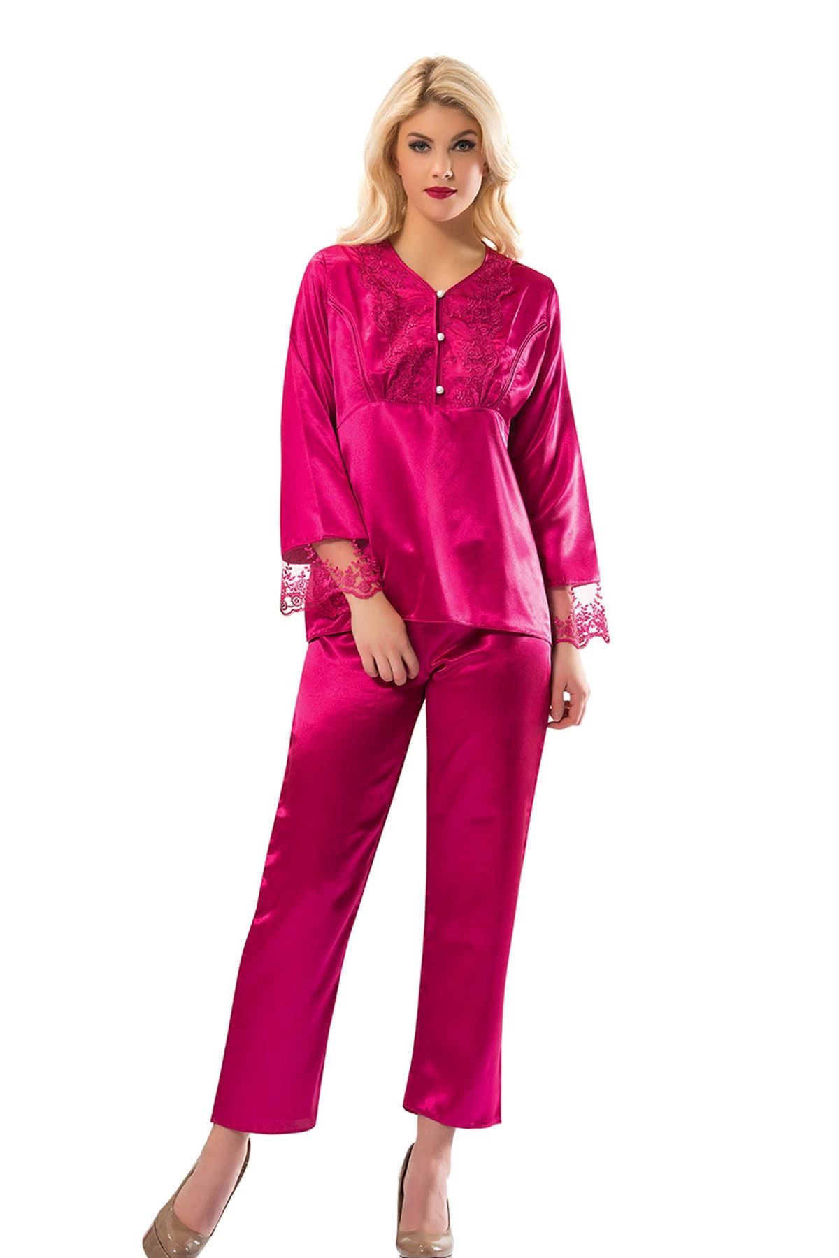 YNT İthalat Fuşya Saten Pijama Takımı - 1595
