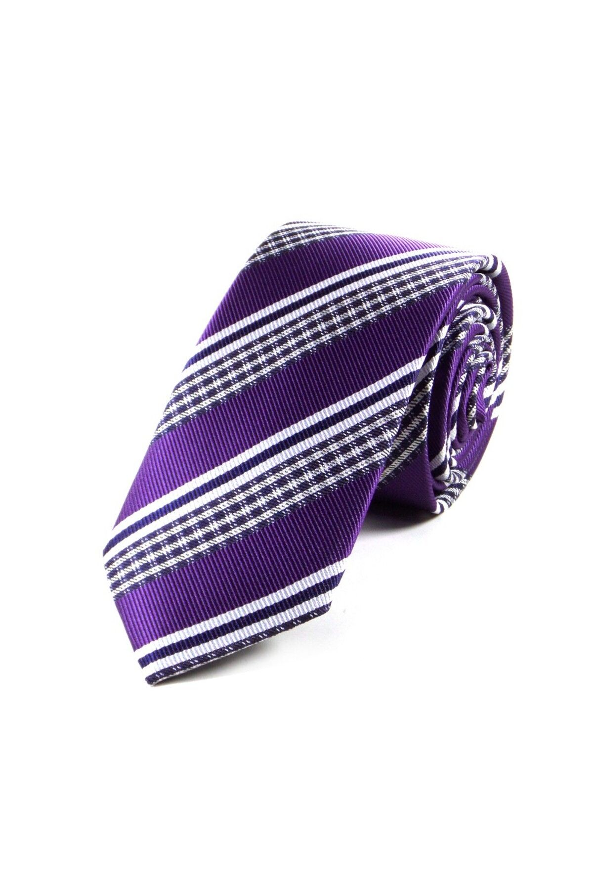 Sade Kravat-Purple Navy Blue White Striped Thin Tie 29010 Purple 1