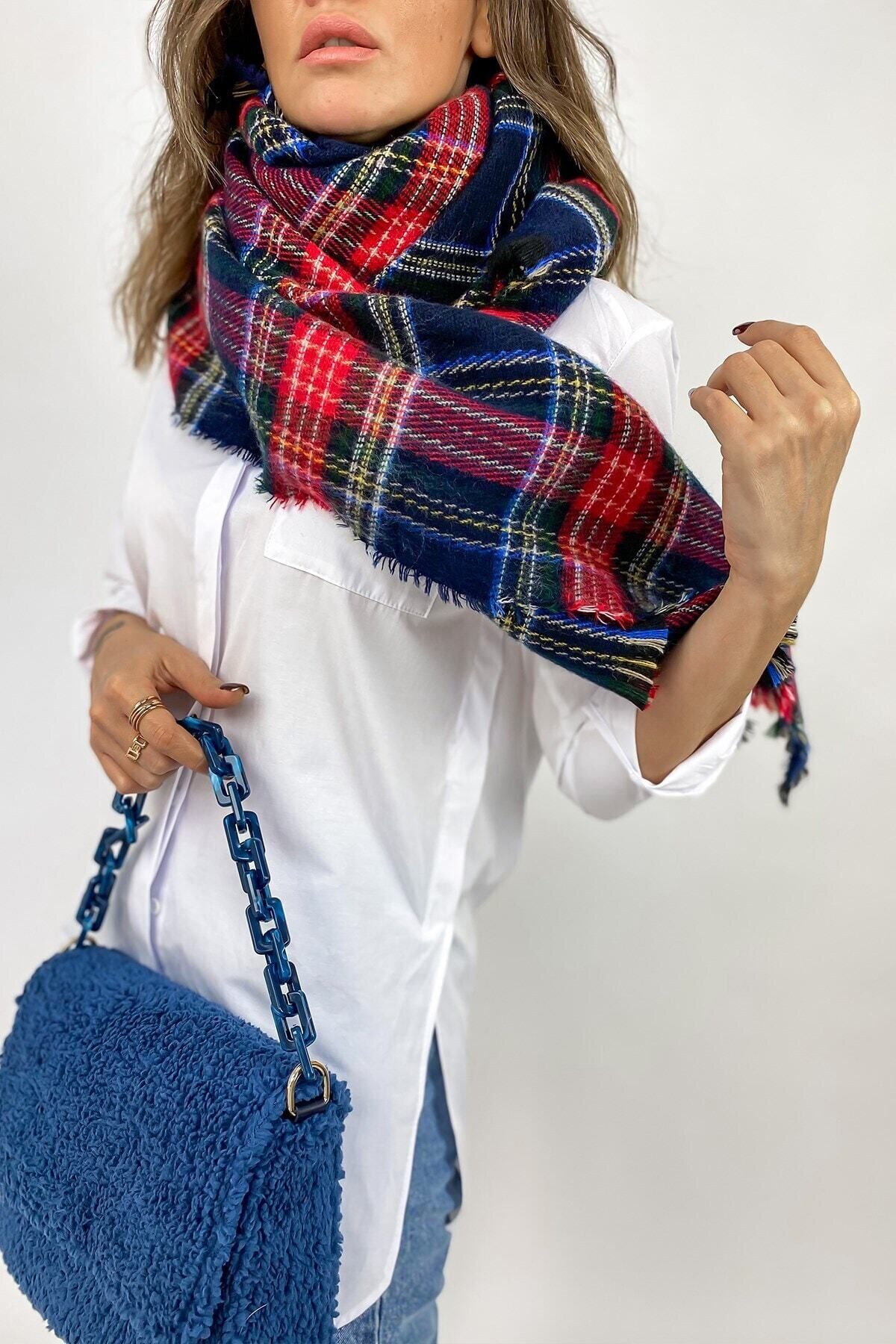 çiğdem eşarp-Copy - Navy Blue Plaid Soft Scarf 2