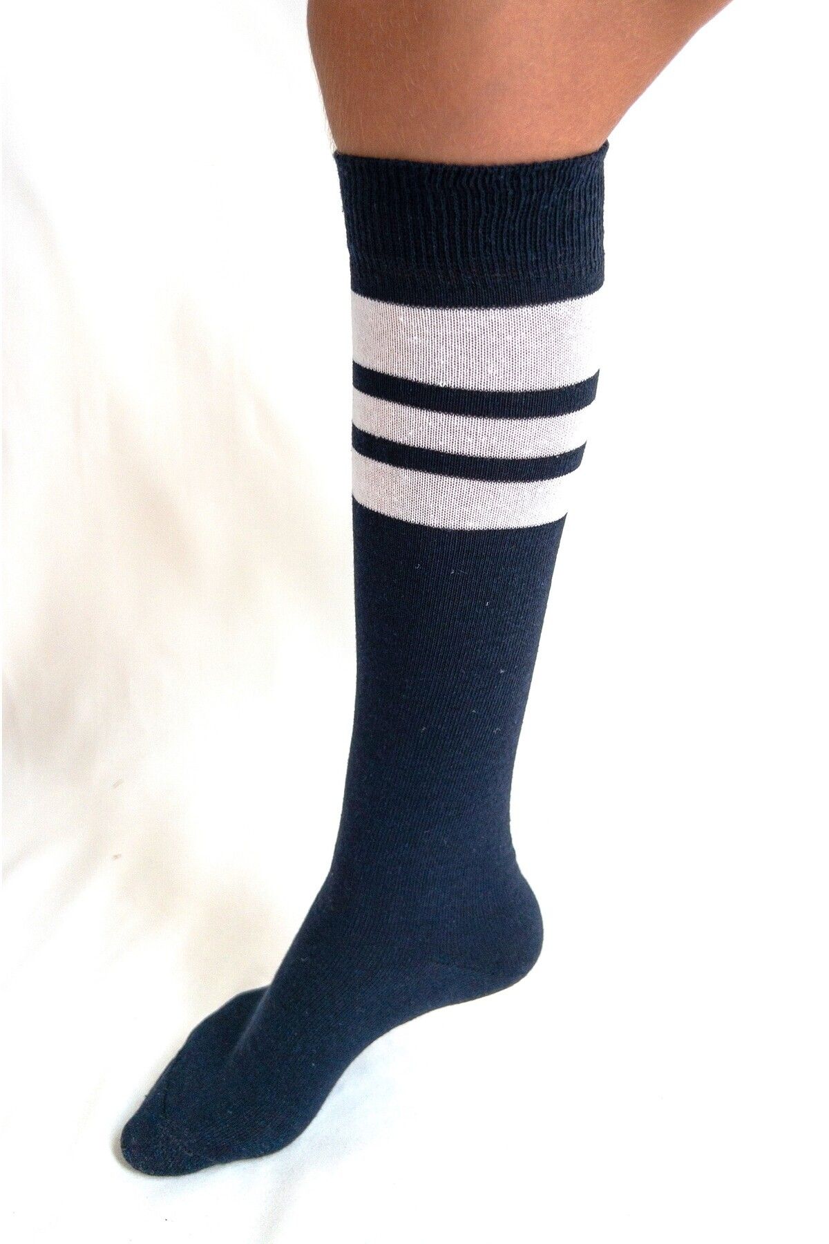 CİHO-Socks 4 Pairs Girls Women Navy Blue Striped Non-slip Below Knee Middle School High School College School Socks 5