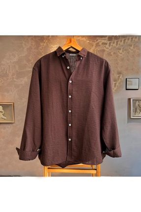 Hazhers Erkek Oversize Gömlek Yaka Uzun Kollu Keten Yazlık Gömlek
