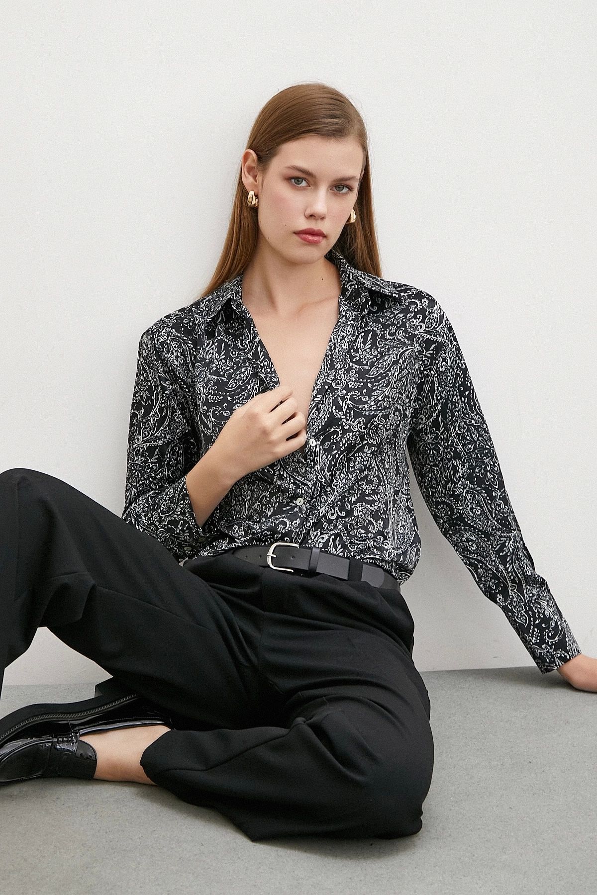 Never more-Black Satin Shirt - Shawl Pattern 5