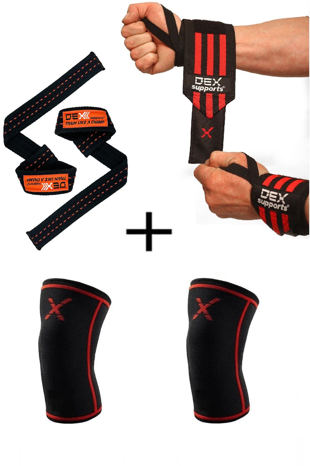 Dex Supports Fitness Bilekliği Wrist Wraps+Fitness Dizliği Knee Sleeve+Ağırlık Kayışı Lifting Straps 3'lü Paket