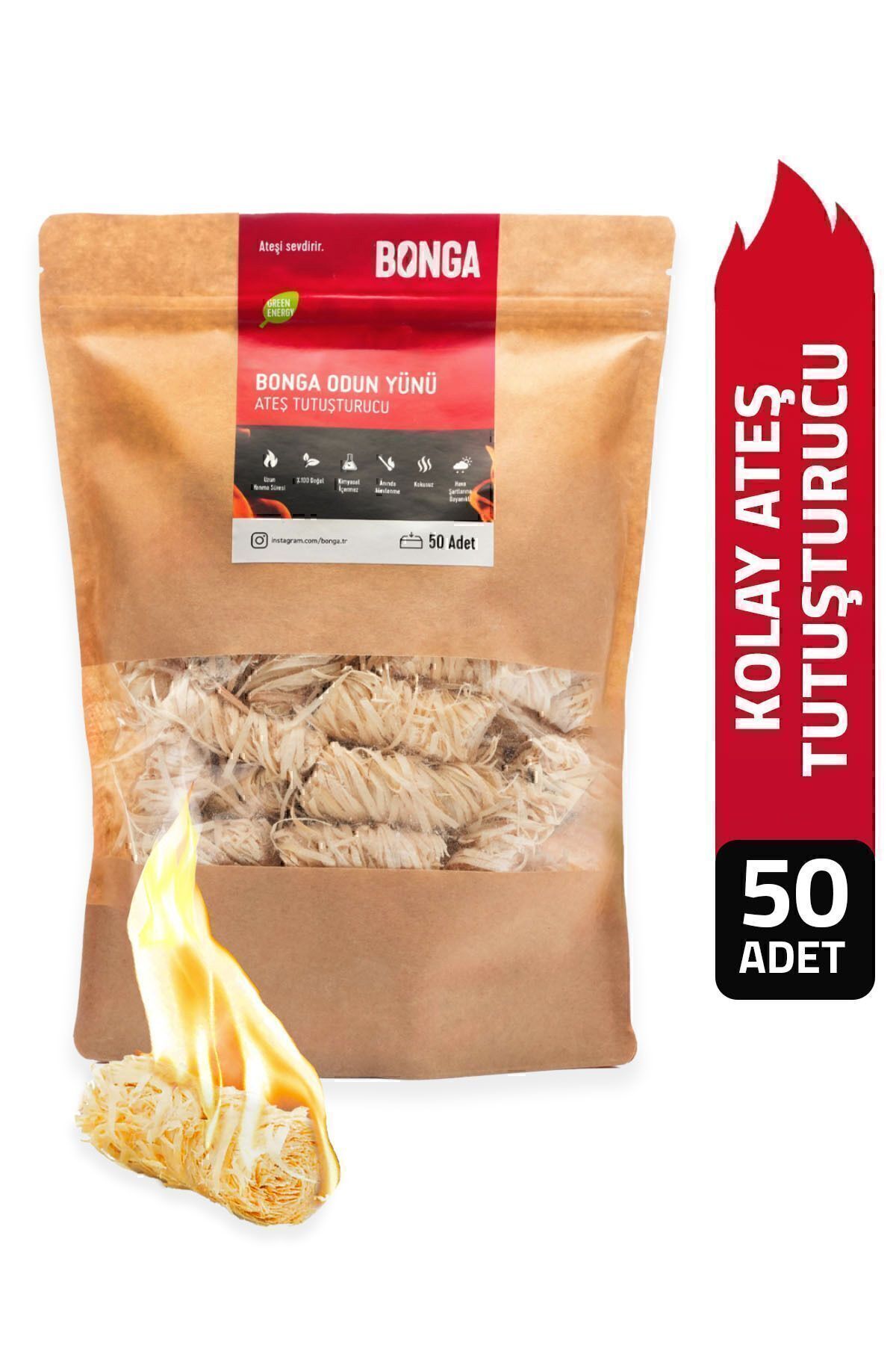 BONGA Şömine Ve Mangal Tutuşturucu 50 Adet 700 gr - Jel Ve Çıra Alternatifi Doğal Odun Yünü