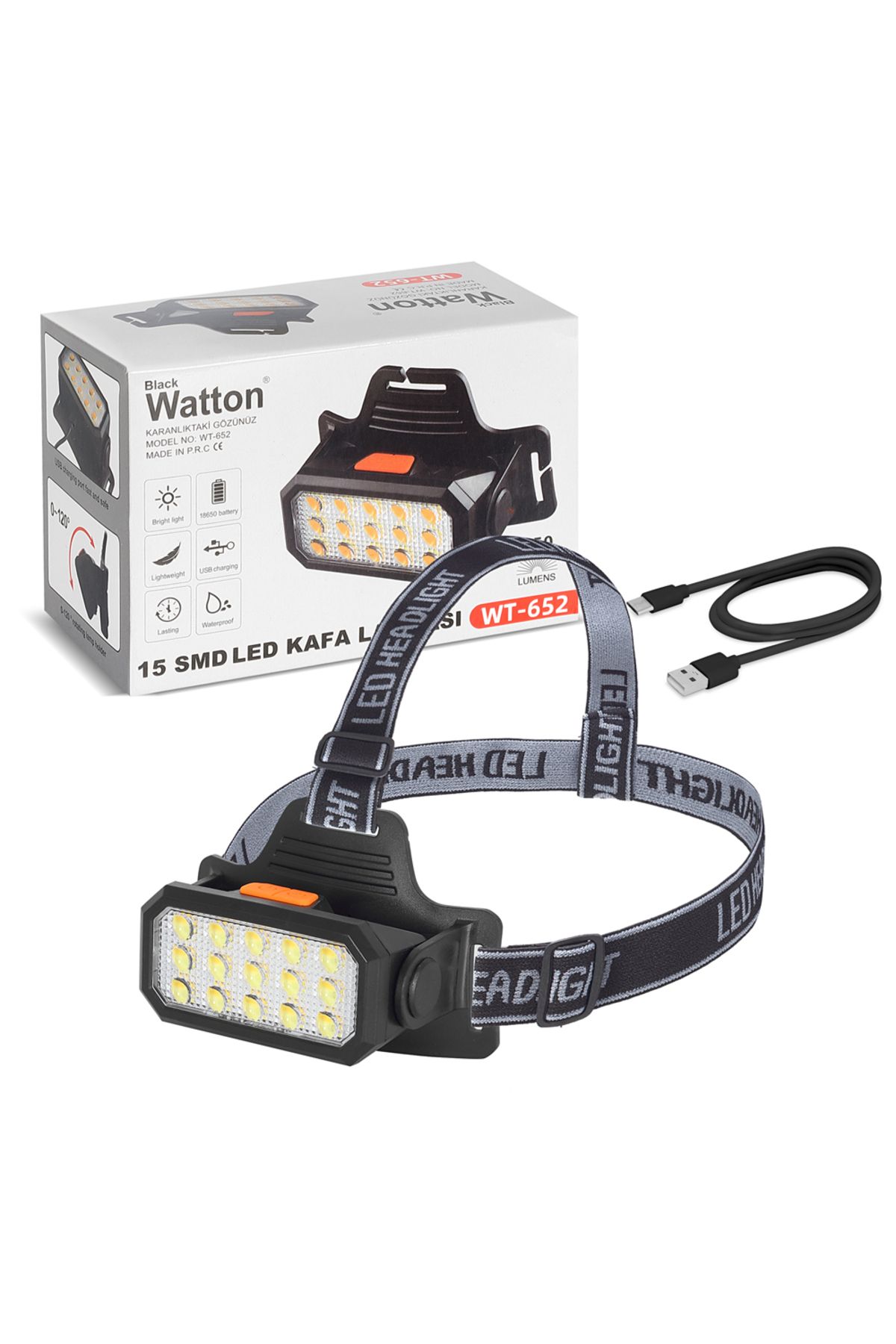 Watton 15 Ledli Sarı / Beyaz Şarjlı Kafa Lambası Watton Wt-652