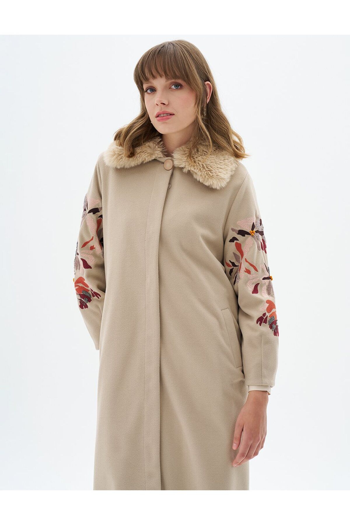 Vivencia-Beige Embroidered Coat - Faux Fur Detail 3