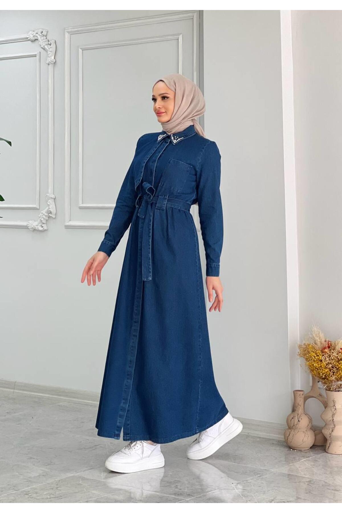 Cardella Camellia Denim Jeans Fabric Collar Stone Detailed Long Hijab Dress