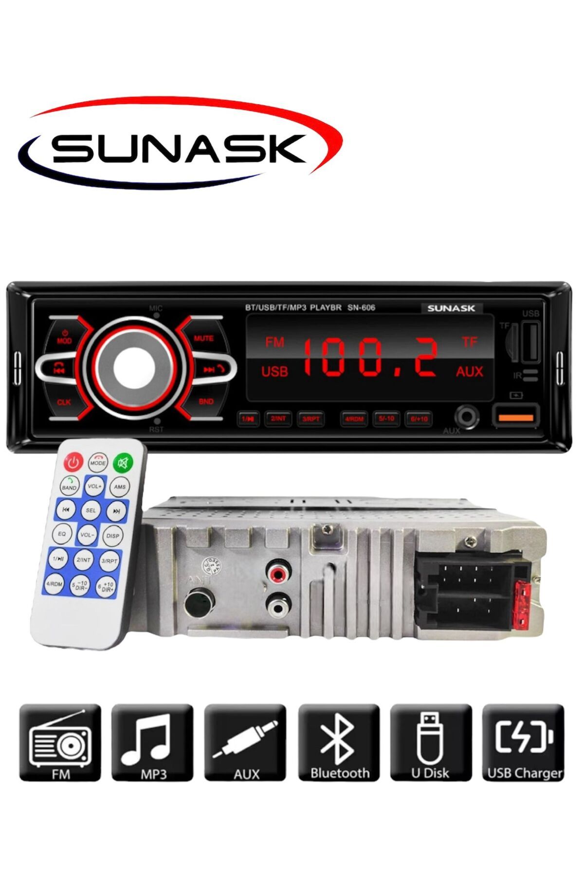 SUNASK Sn-606 Çift Usb'li Bluetooth Oto Teyp Araba Teyibi Kumandalı Oto Teyip Mp3 Çalar Amfi Çıkışlı