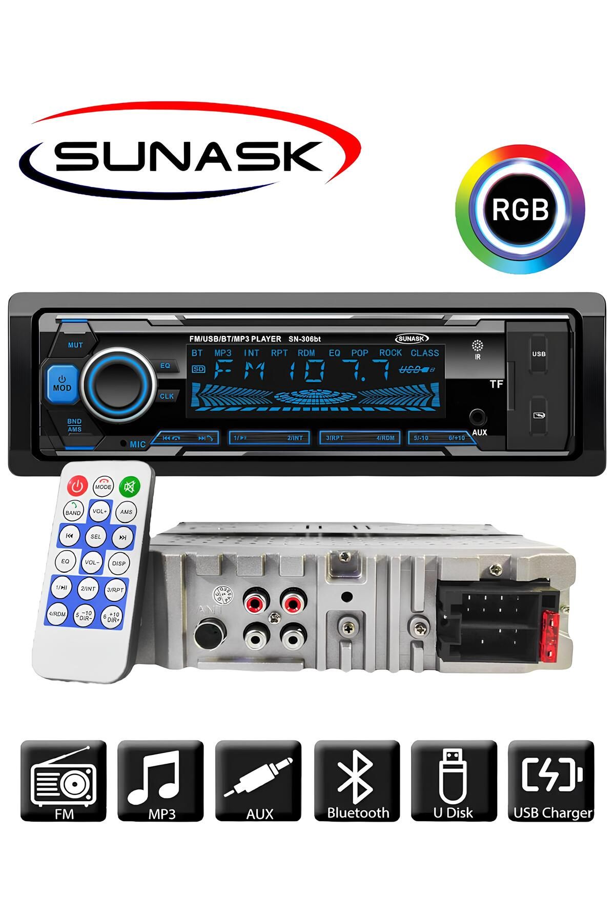 SUNASK Sn-306bt Çift Usb Girişli Bluetooth Oto Teyp Araba Teybi Radyo Sd Aux Teyp Çift Amfi Çıkışlı