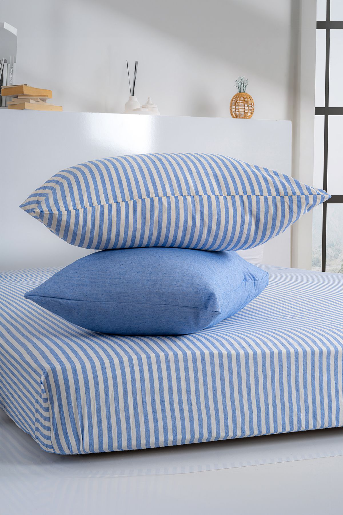 KetraHome-طقم شرشف مطاطي مقاس كينج، مخطط باللون الأزرق الفاتح، قطن 180 × 200 سم + 2 كيس وسادة 3