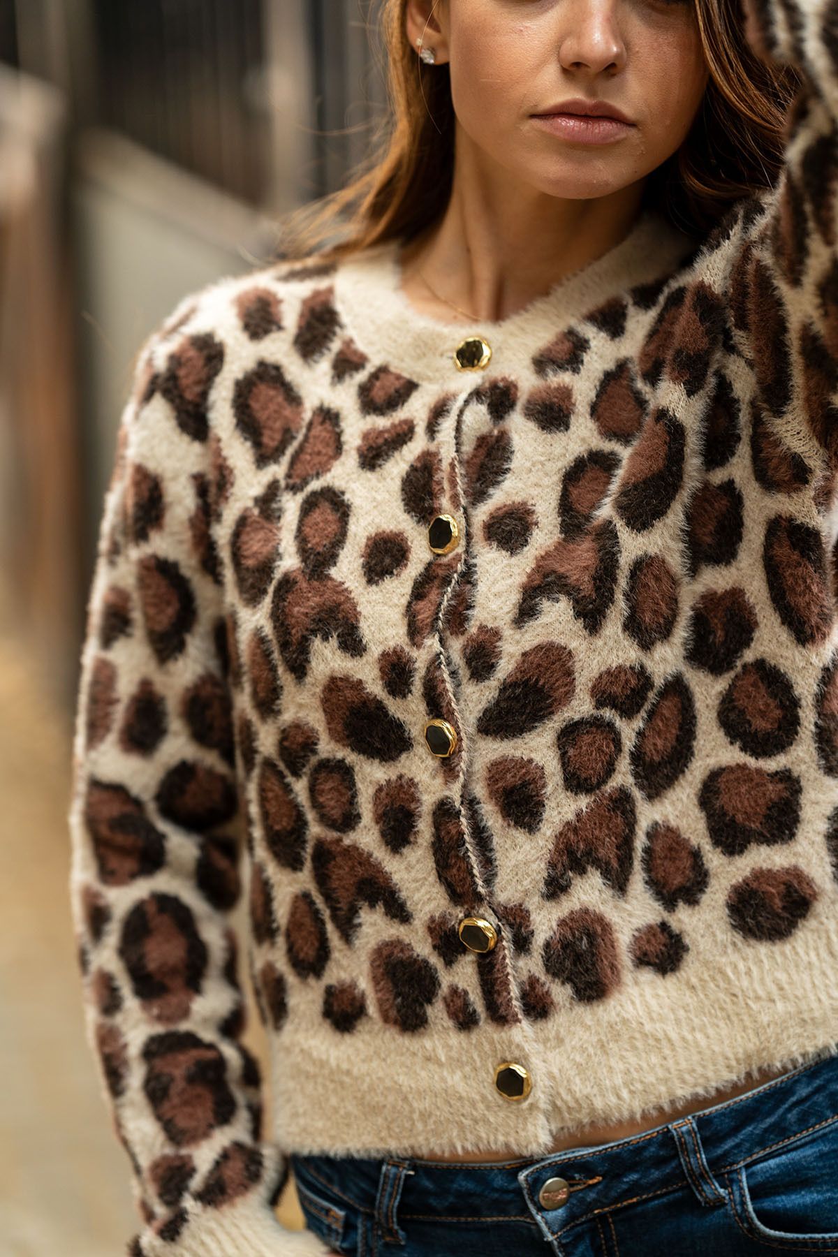 VerdeBlanco-Leopard Patterned Button Detailed Cardigan 5