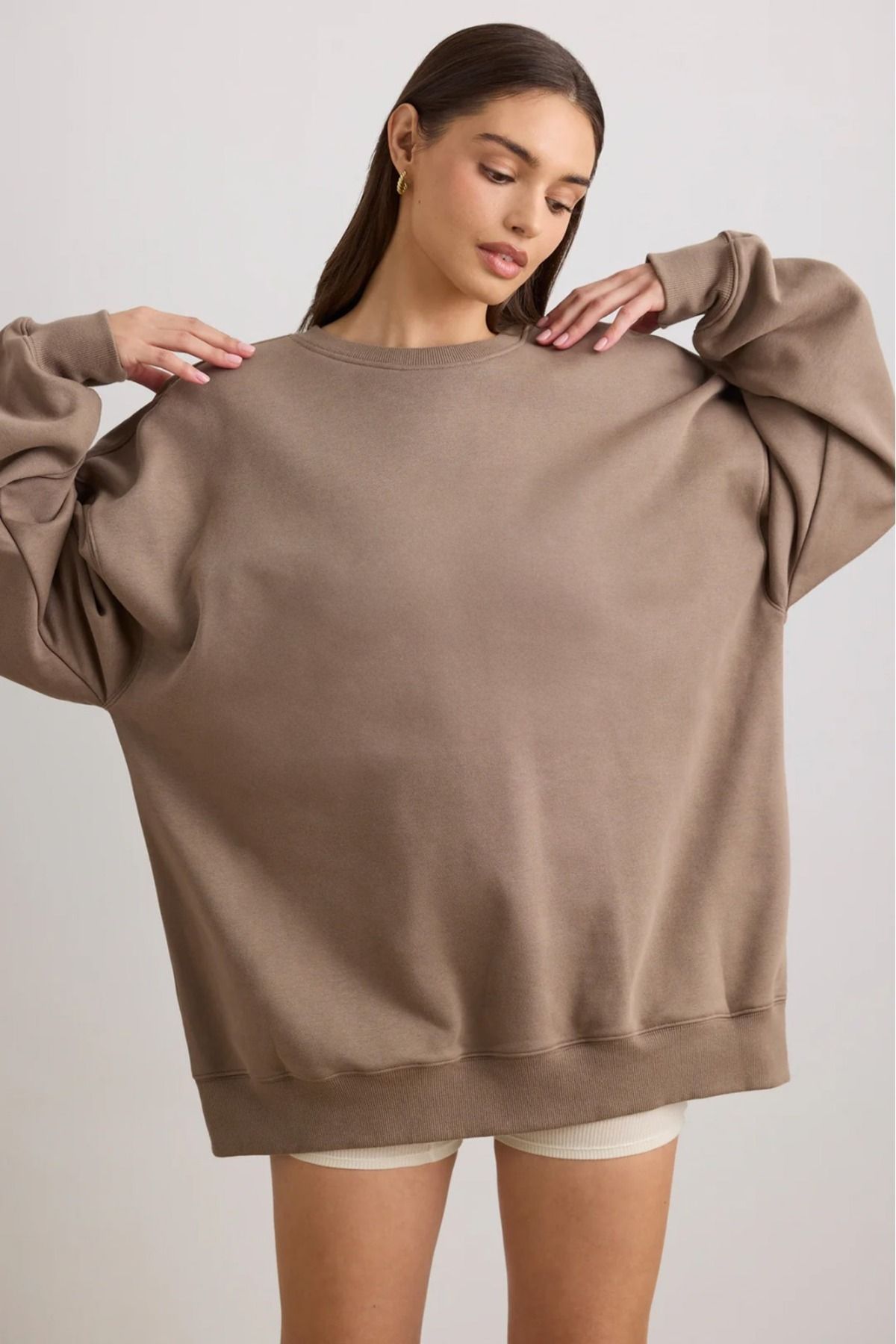 COMBİNE MİCHAİL-Women's Crew Neck Ribbed Inside, Winter Soft Loose Sweatshirt Brown 1