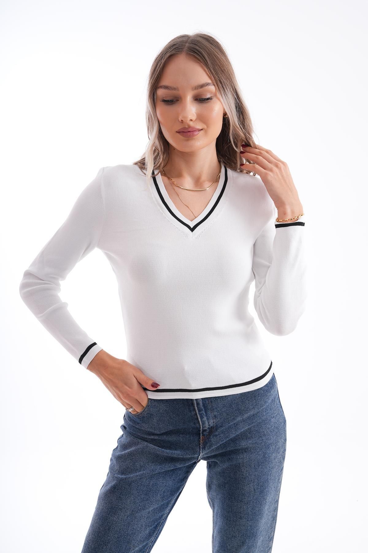 ŞİMAL-Women's Stripe Detailed V-Neck Knitwear Knitted Sweater 245179   - 2