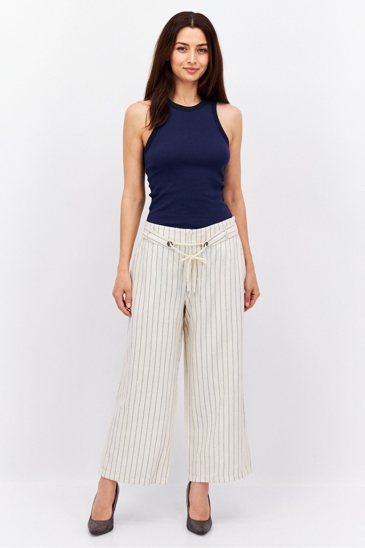 Esprit-Women Regular Fit Stripe Wide Leg Pant, Off White 3