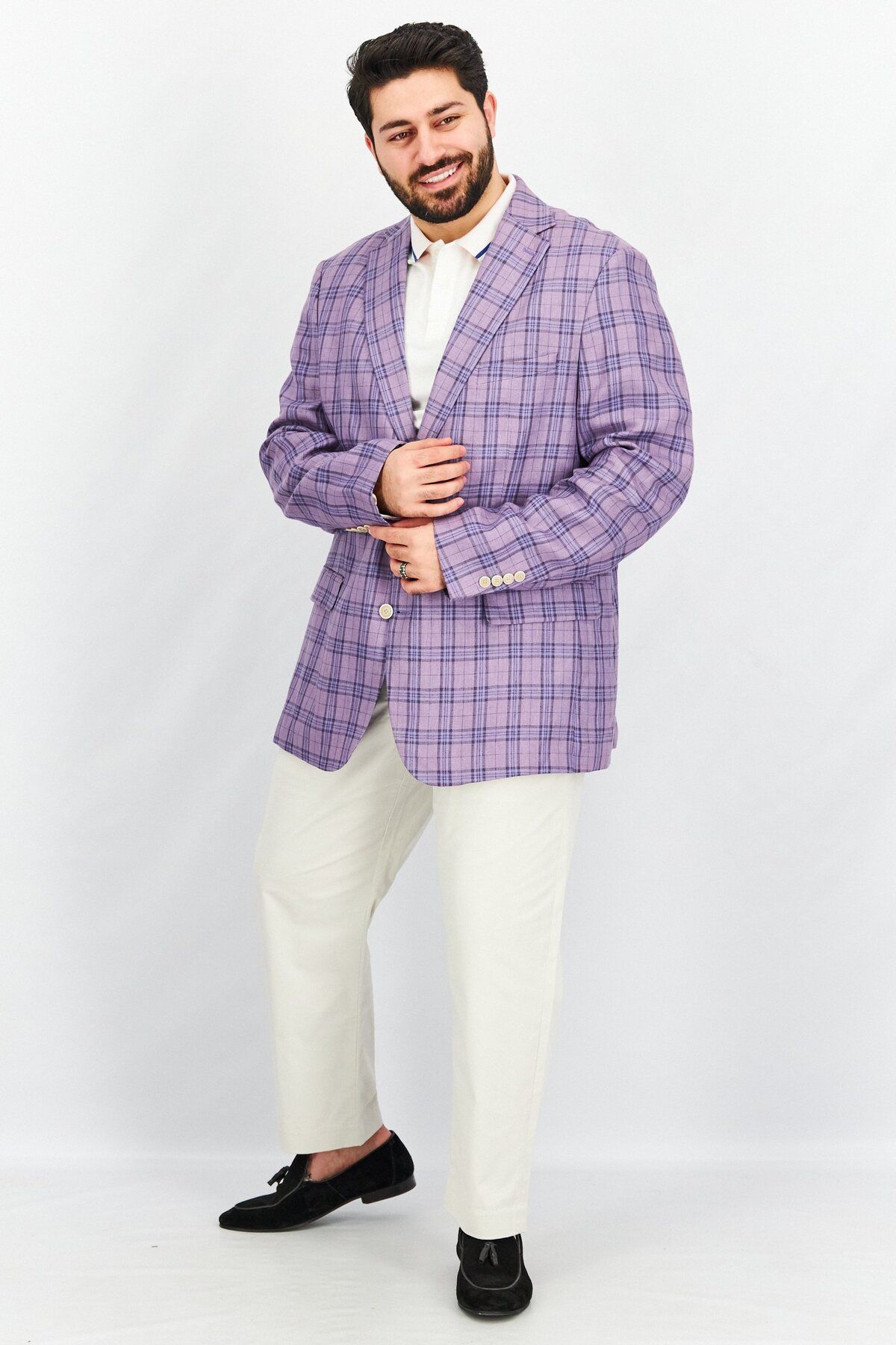 Tallia-Men Slim Fit Plaid Casual Blazer, Purple 4