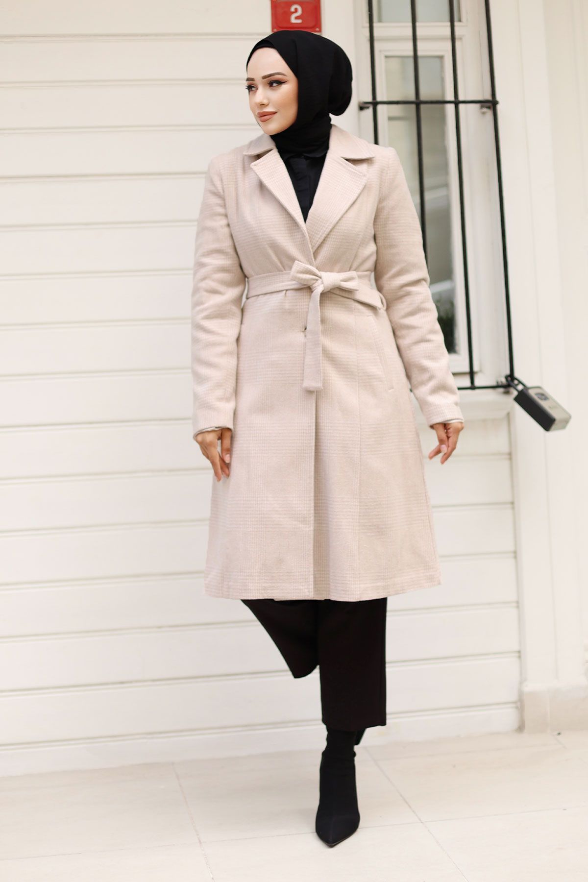 Tesettür Dünyası-Beige Double Buttoned and Waist Belted Coat - Tsd 240928 4