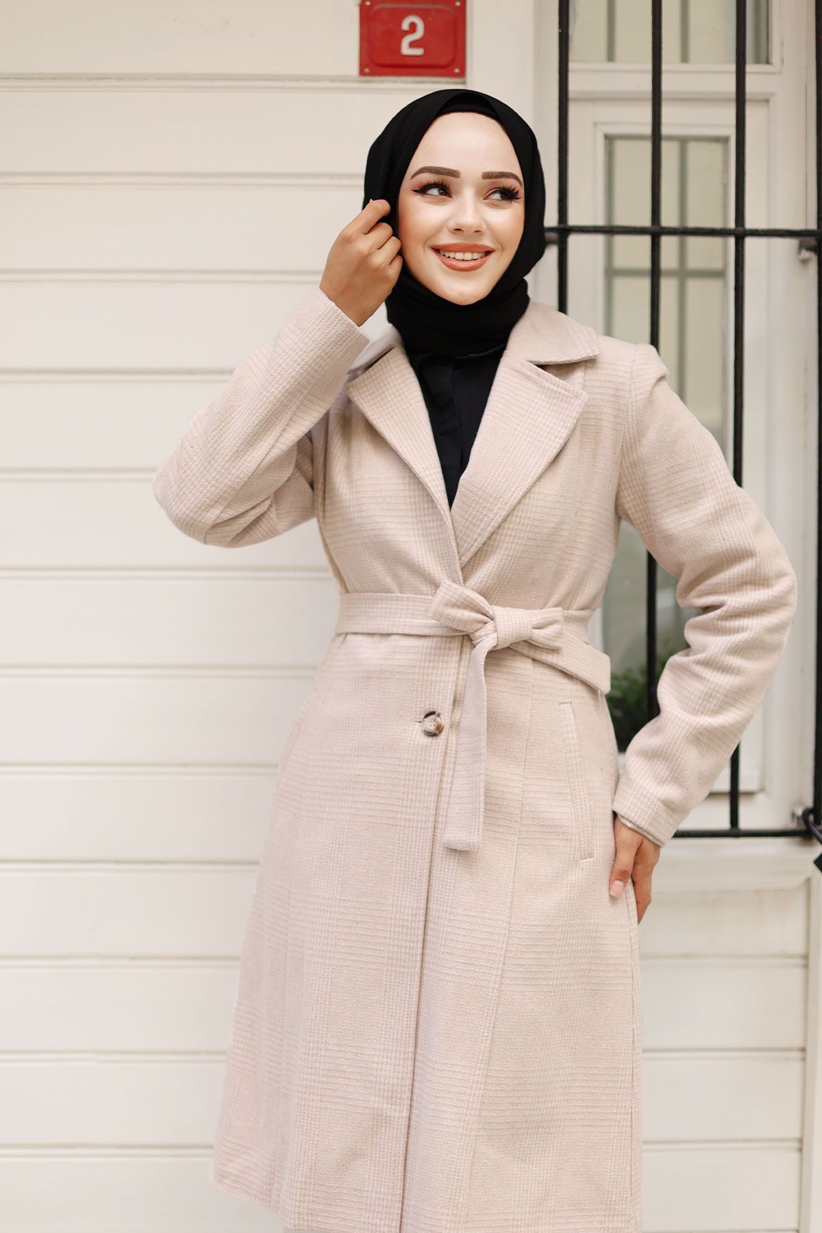 Tesettür Dünyası-Beige Double Buttoned and Waist Belted Coat - Tsd 240928 2