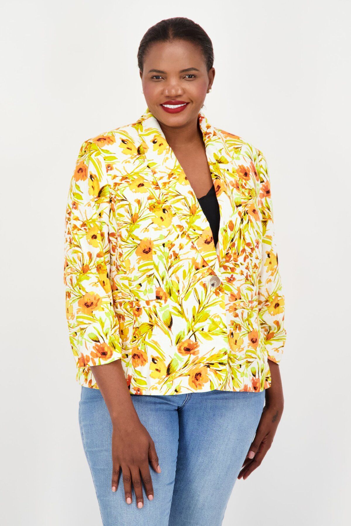 Kasper-Women Plus Size All Over Printed Casual Blazer, Orange Combo 1