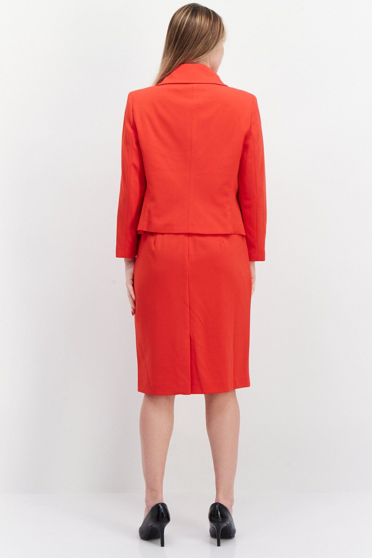 Nipon Boutique-Women 2 Pcs Solid Button Front Sheath Jacket Dress Set, Red 4