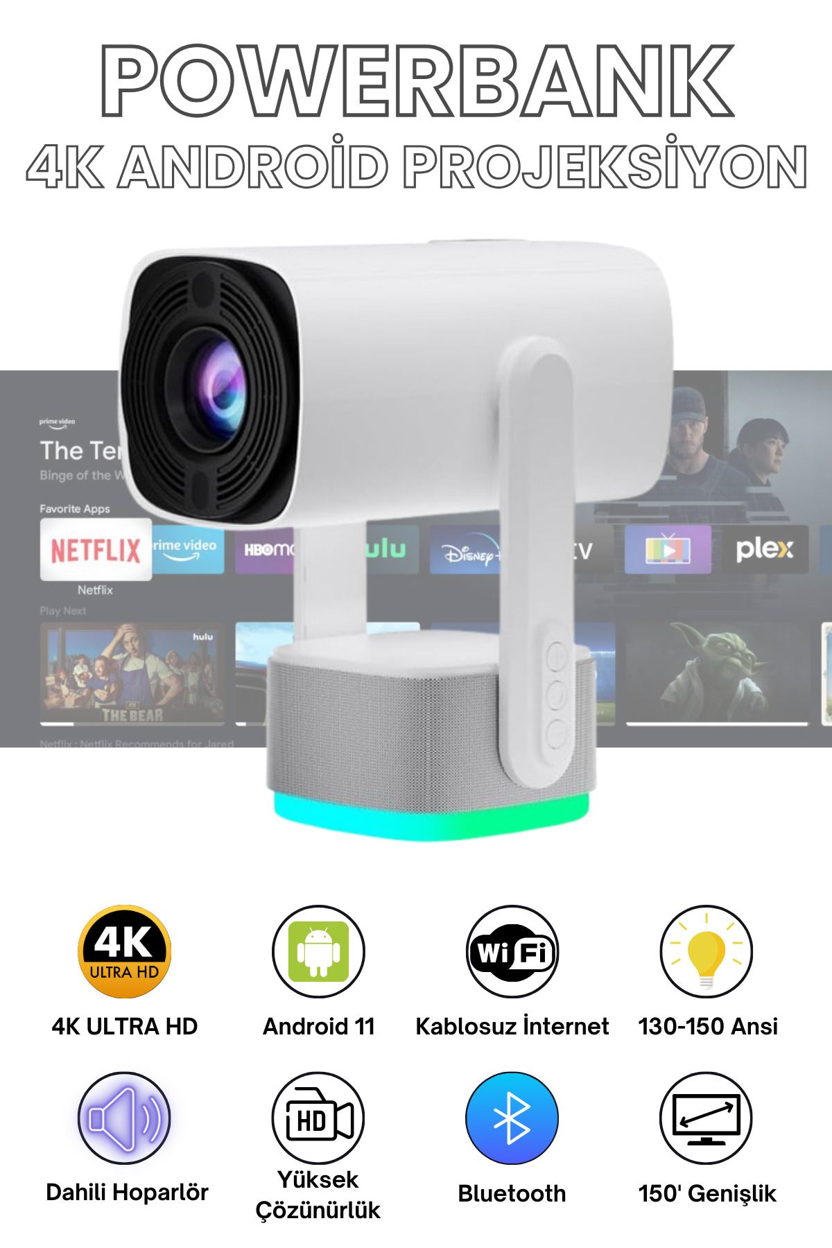 Tekno Drone Powerbanklı Android Taşınabilir Projeksiyon Wifi Ve 4k Destekli Rgb Led Akıllı Sinema Projektör