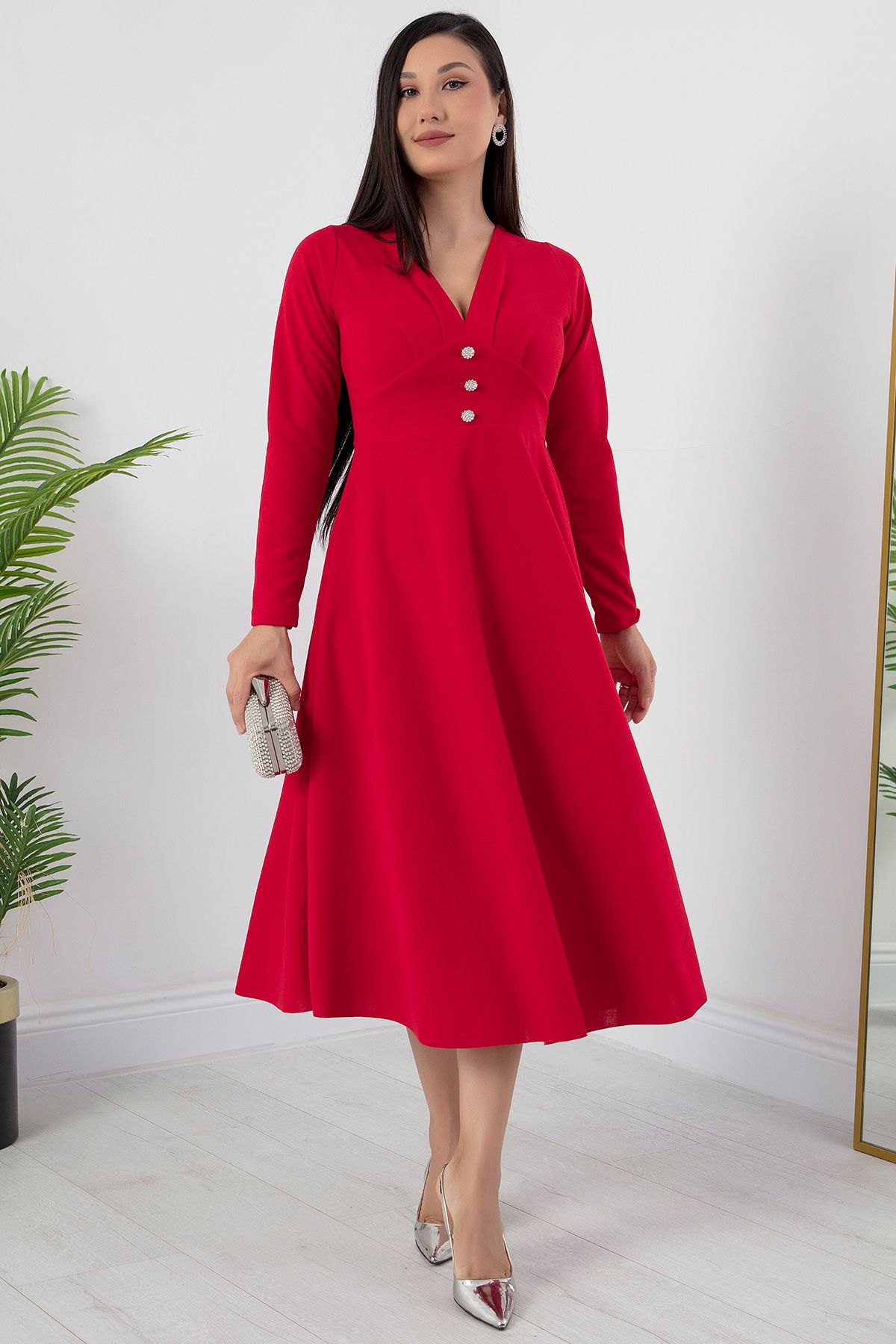 PULLIMM-V-Neck Front Buttoned Flared Dress 2024-2159 4