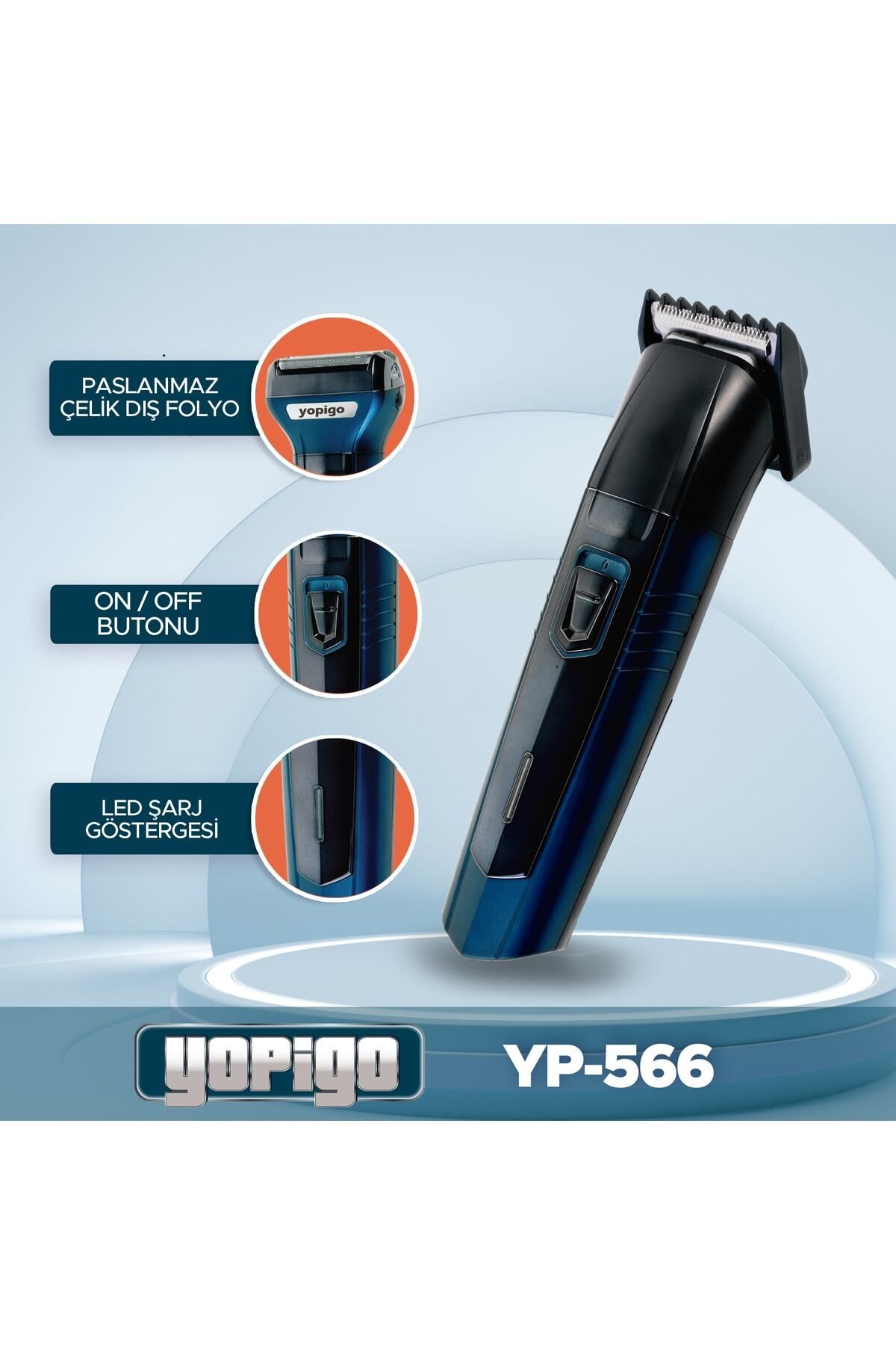 yopigo Yeni Pro Model - Mavi 3 In 1 Profesyonellerin Tercihi Saç Sakal Kesme Ense Burun Tıraş Makinesi Seti-3