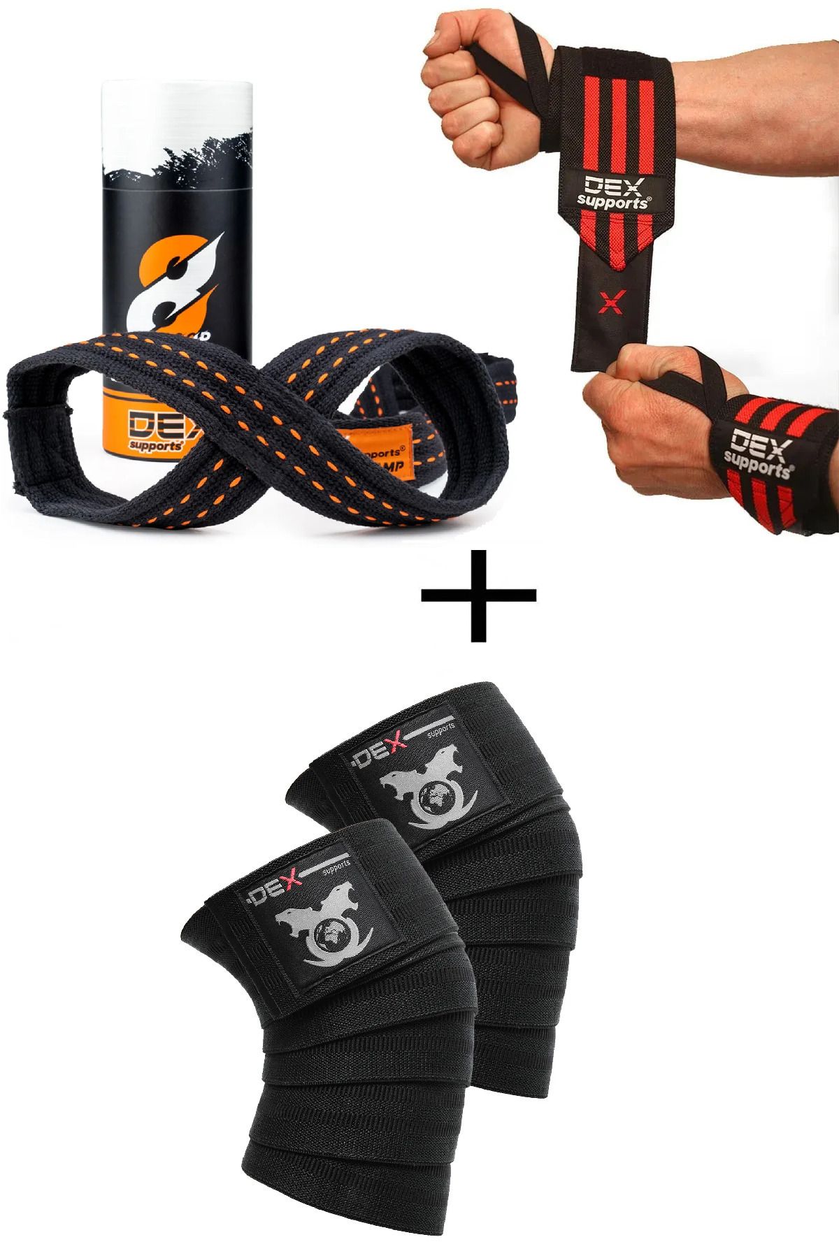 Dex Supports Fitness Bilekliği Wrist Wraps+Fitness Dizliği Knee Wraps Legend+8 Loop Lifting Straps 3'lü Paket