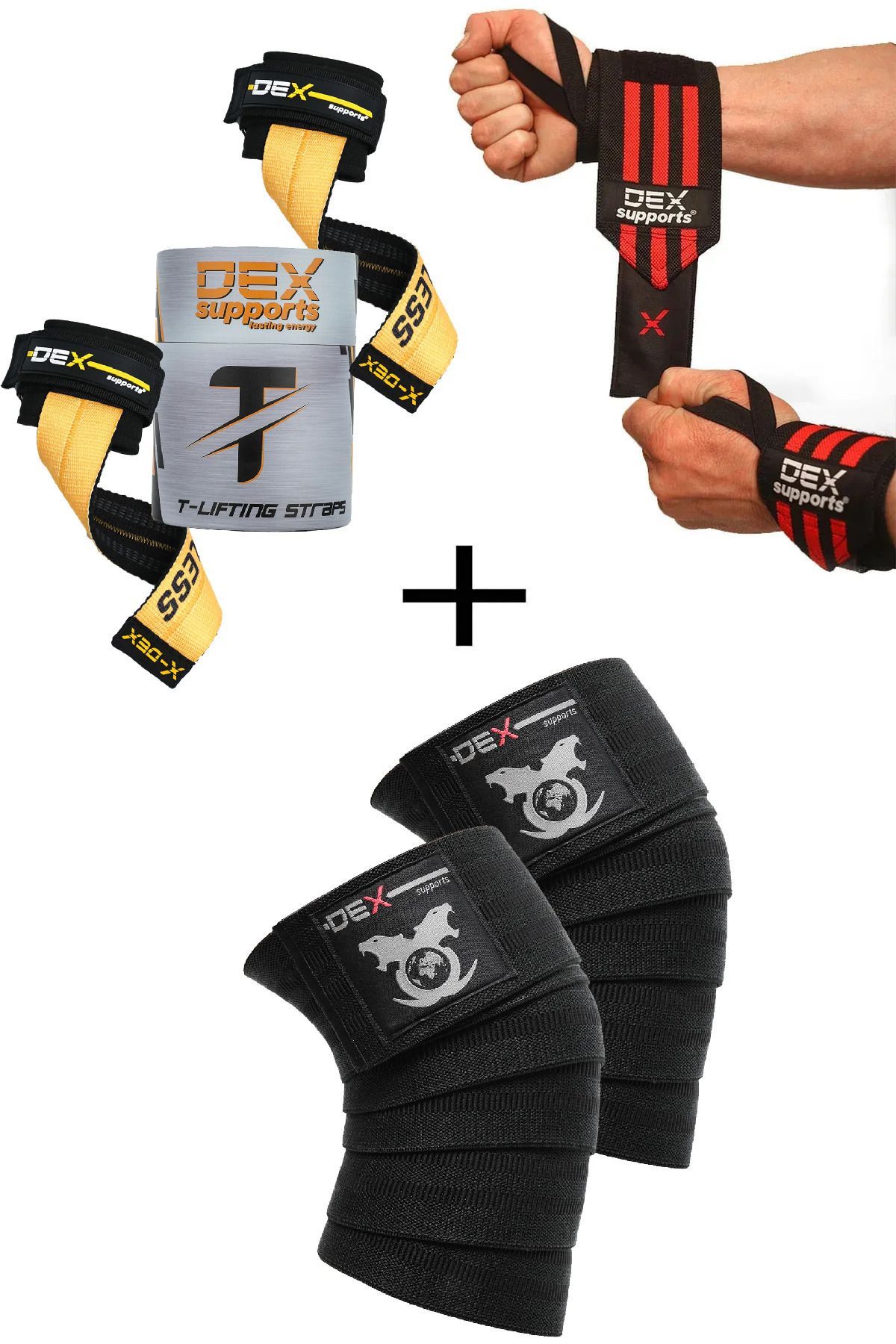 Dex Supports Sporcu Bilekliği Wrist Wraps + Sporcu Dizliği Knee Wraps Legend + T-Grips Lifting Straps 3'lü Paket