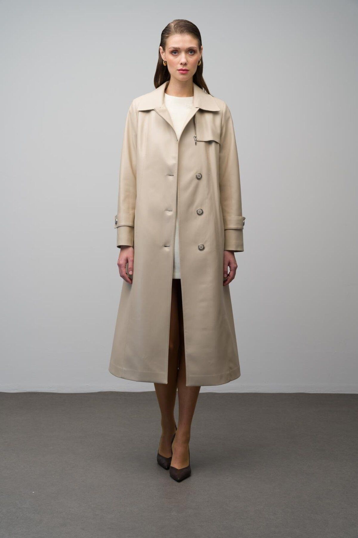 Olcay-Beige 6609 - Leather Trench Coat with Zipper on the Collar and Belt Buckle 3