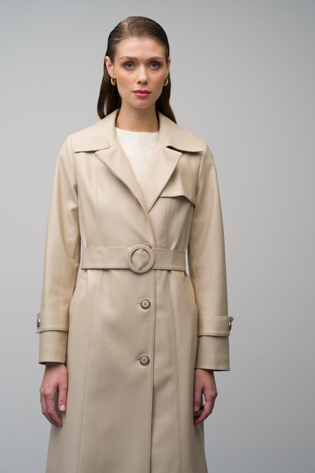 Olcay-Beige 6609 - Leather Trench Coat with Zipper on the Collar and Belt Buckle 2