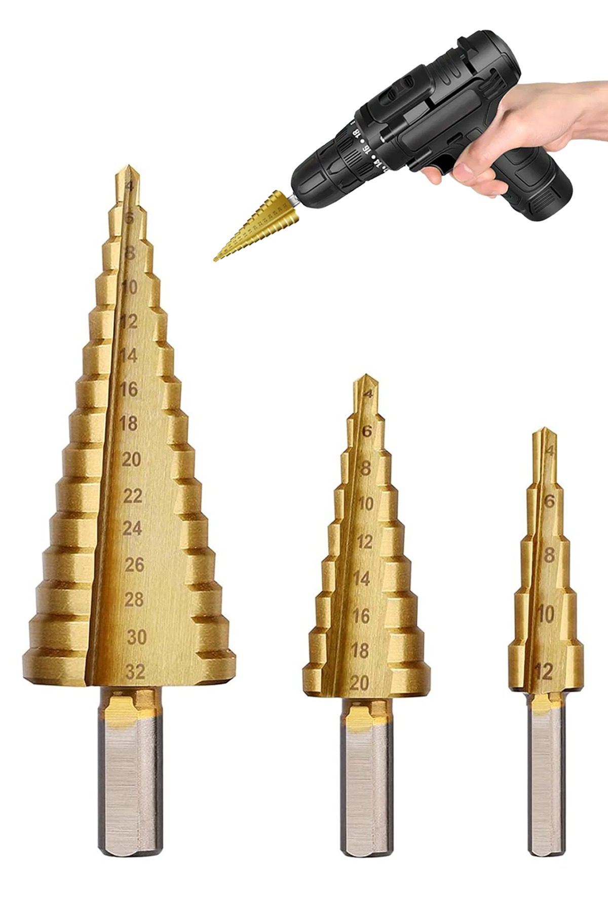 3-Piece Punch Set capable of Step Drilling in the Range of 4-12mm, 4-20mm, 4-32mm Iron Pipe Sheet Drilling Set