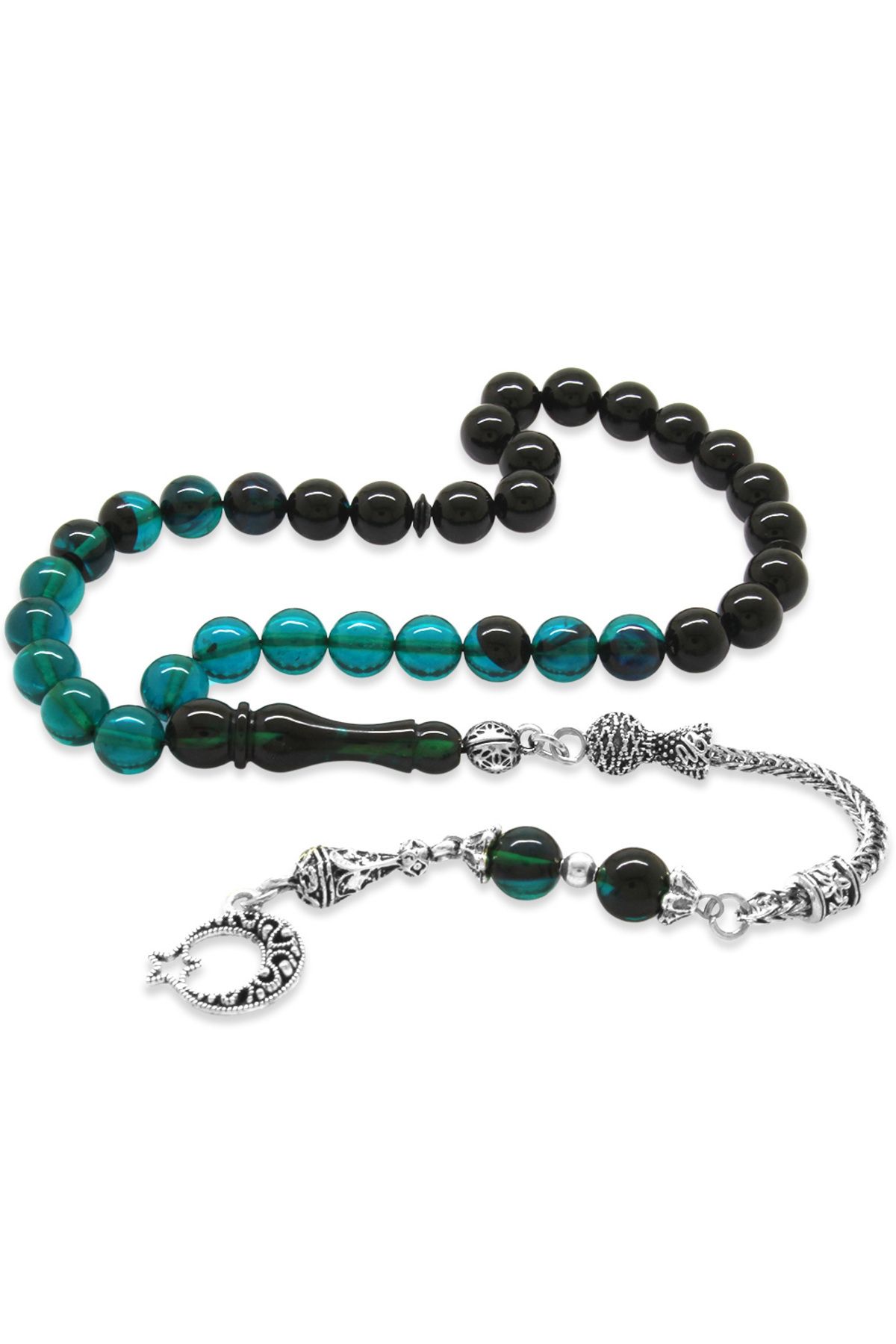 Tesbihane-Non-Tarnish Metal Crescent Star Tasseled Globe Cut Turquoise-black Fire Amber Prayer Beads 1