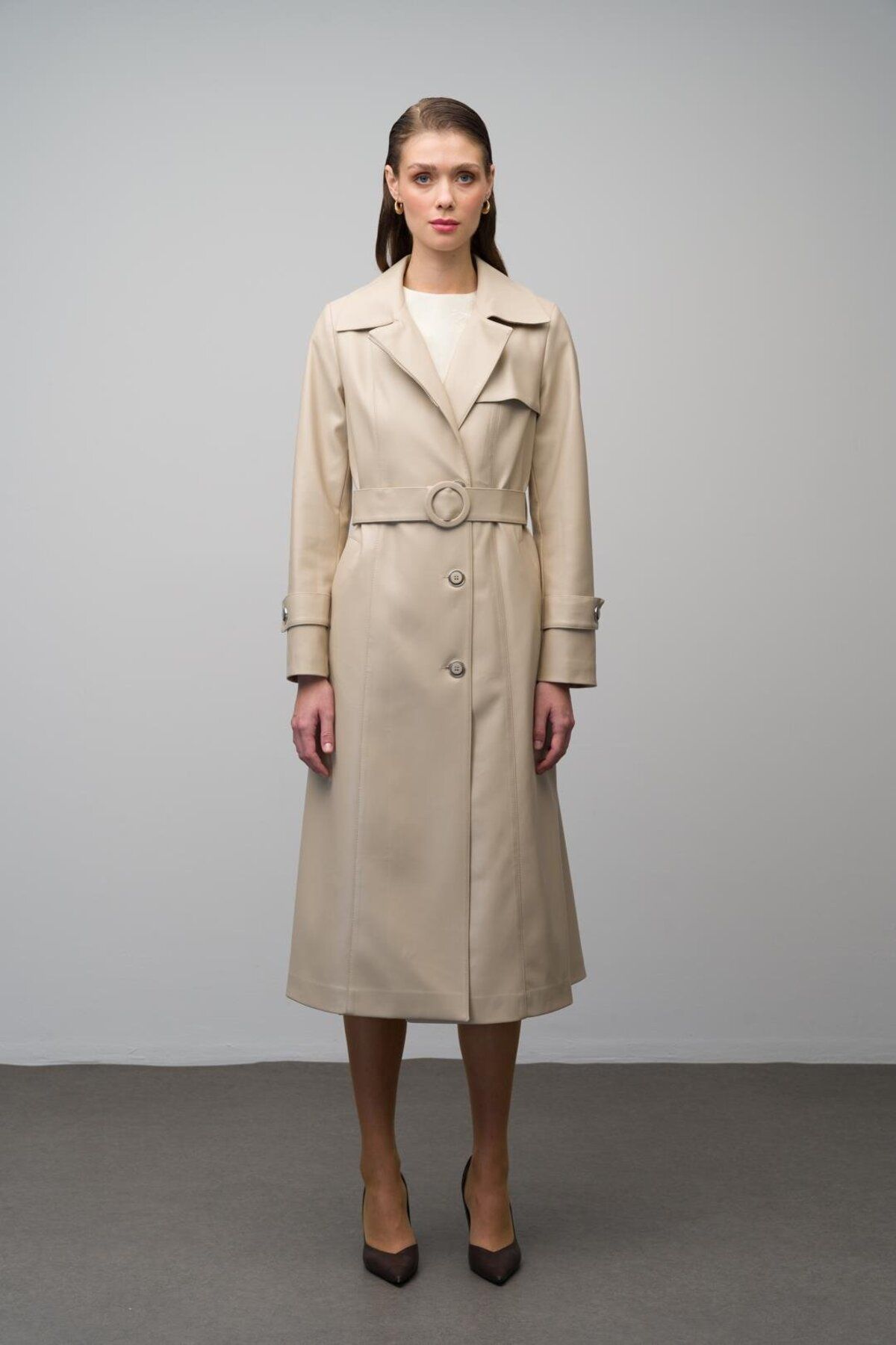 Olcay-Beige 6609 - Leather Trench Coat with Zipper on the Collar and Belt Buckle 4