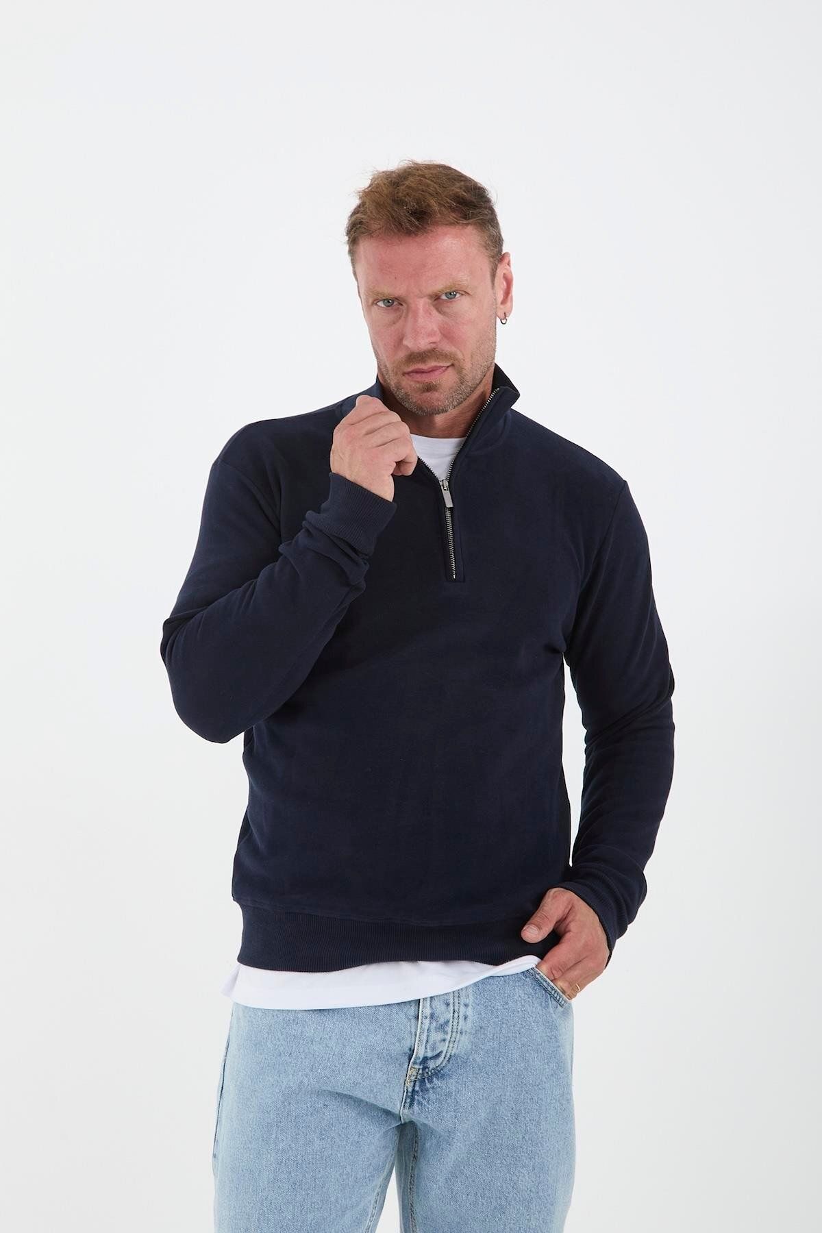 Valiberta-Thessaloniki Knitted Half Zipper Men's Sweatshirt - Navy Blue 5