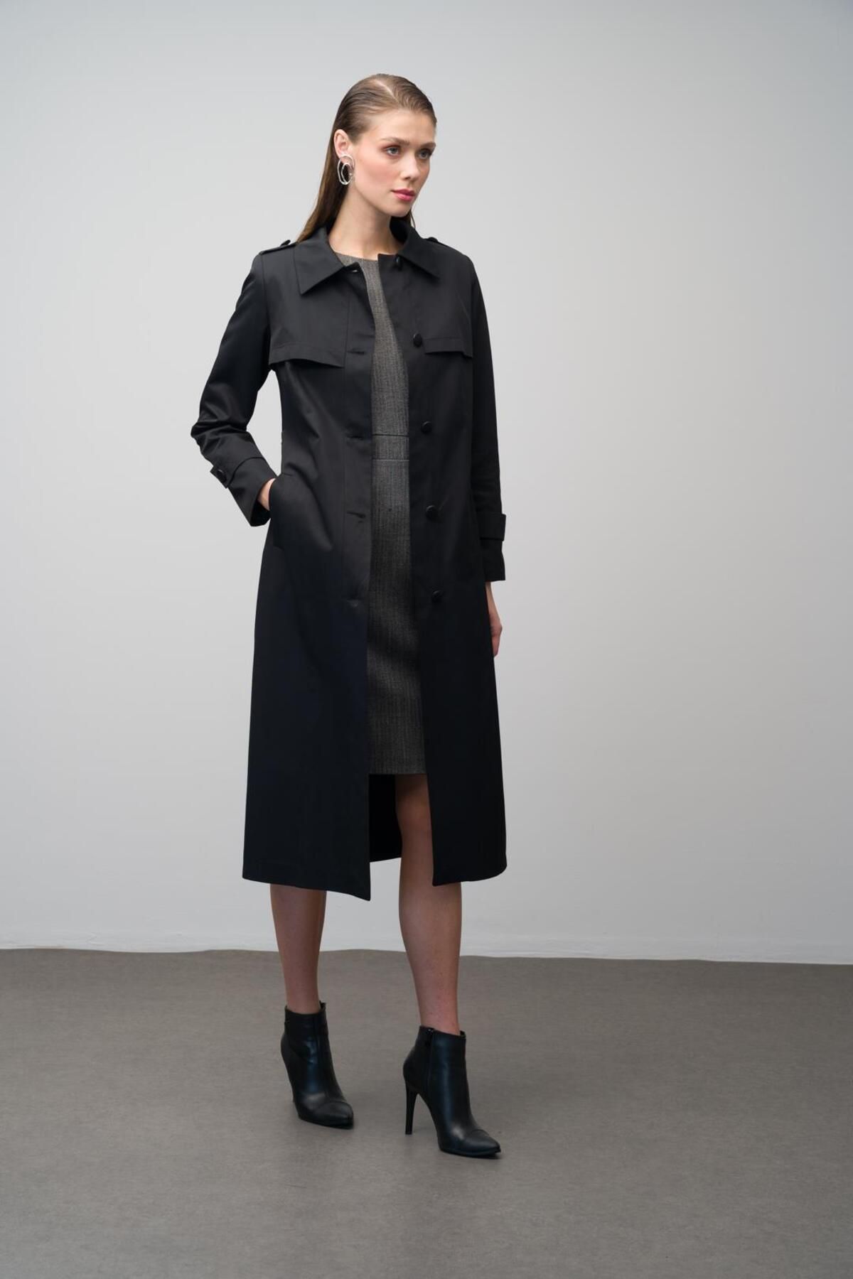 Olcay-Leather Detailed Water Repellent Feature Lined Long Trench Coat Black 6636 5