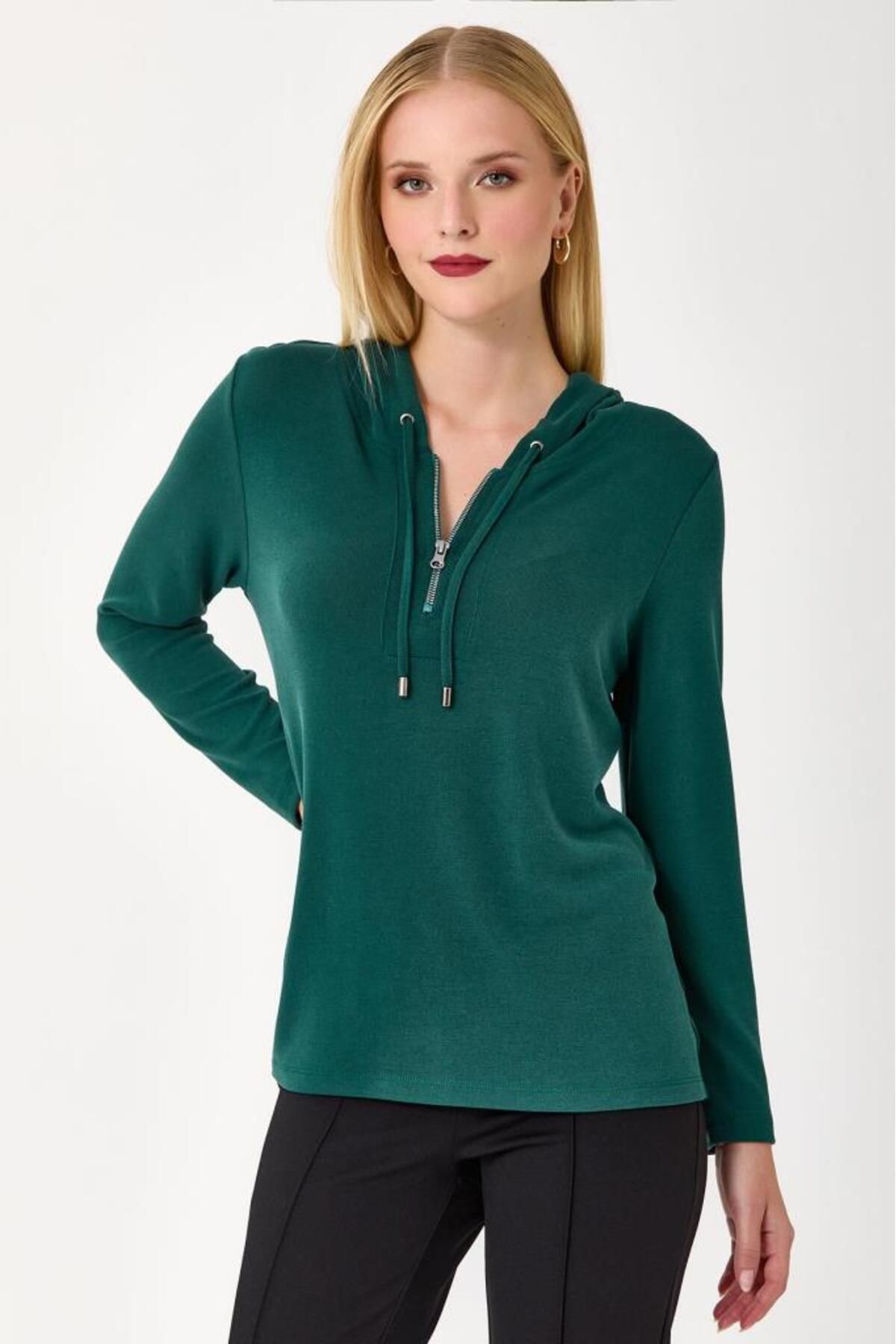 İKİLER-Hooded Blouse with Zippered Collar 245-1001 3