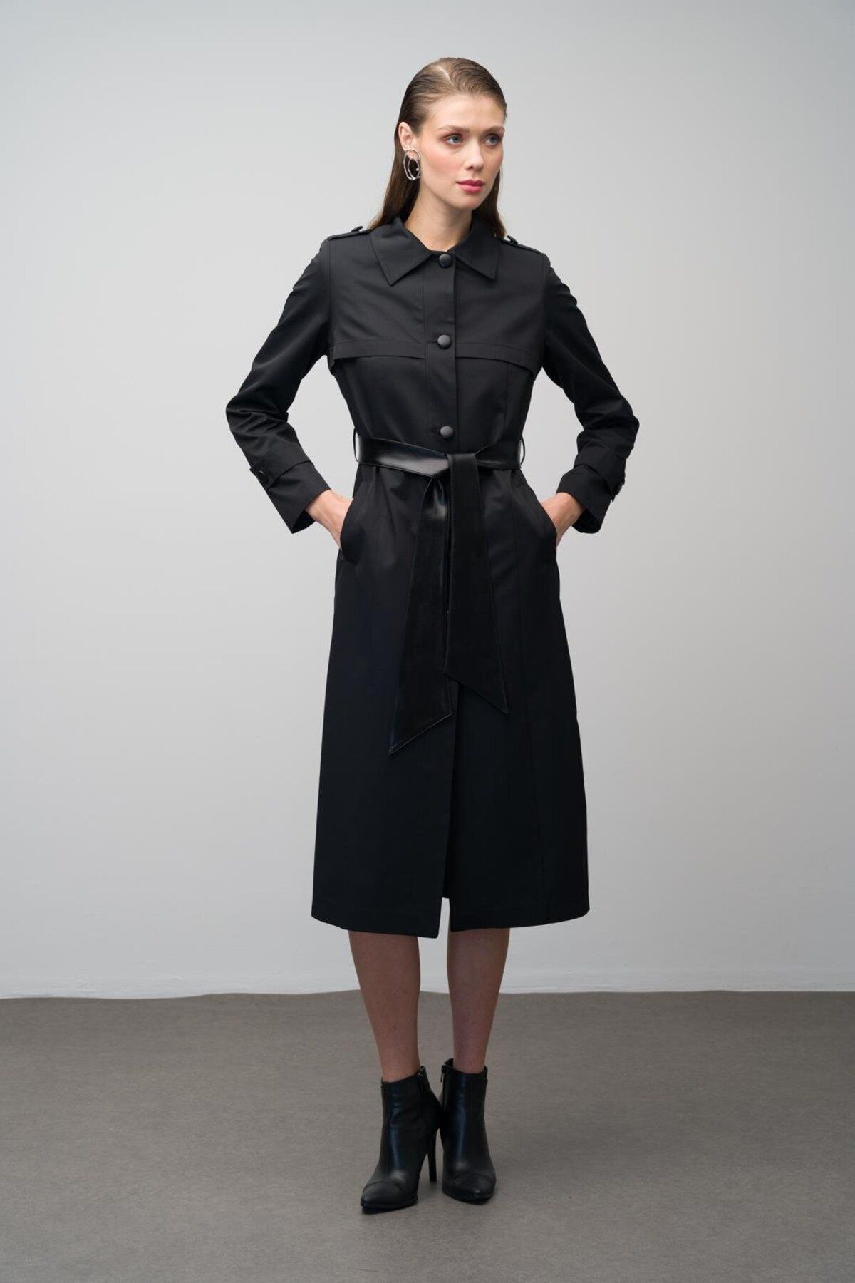 Olcay-Leather Detailed Water Repellent Feature Lined Long Trench Coat Black 6636 1